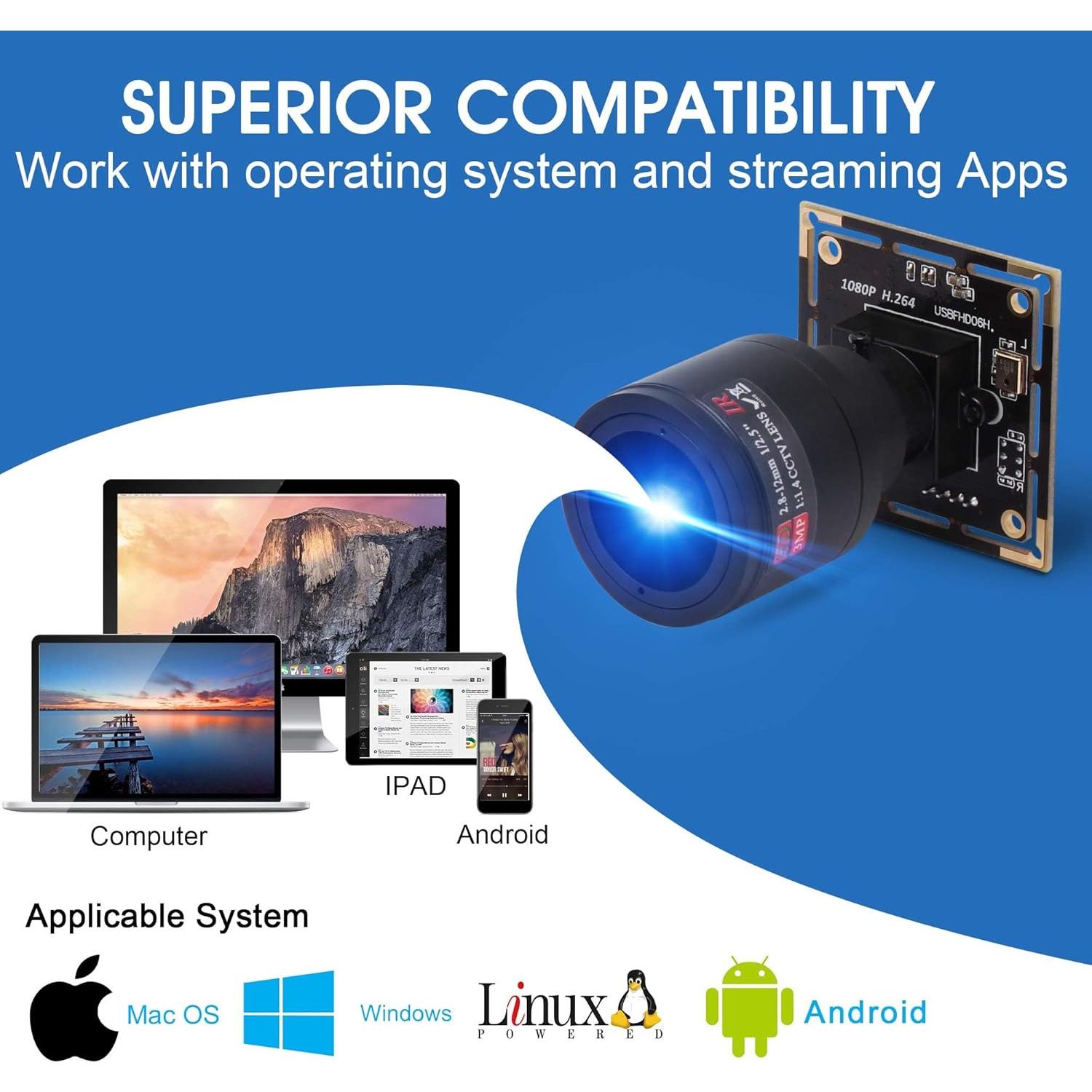 Cámara USB 1080P ALPCAM con Lente Varifocal 2.8-12mm