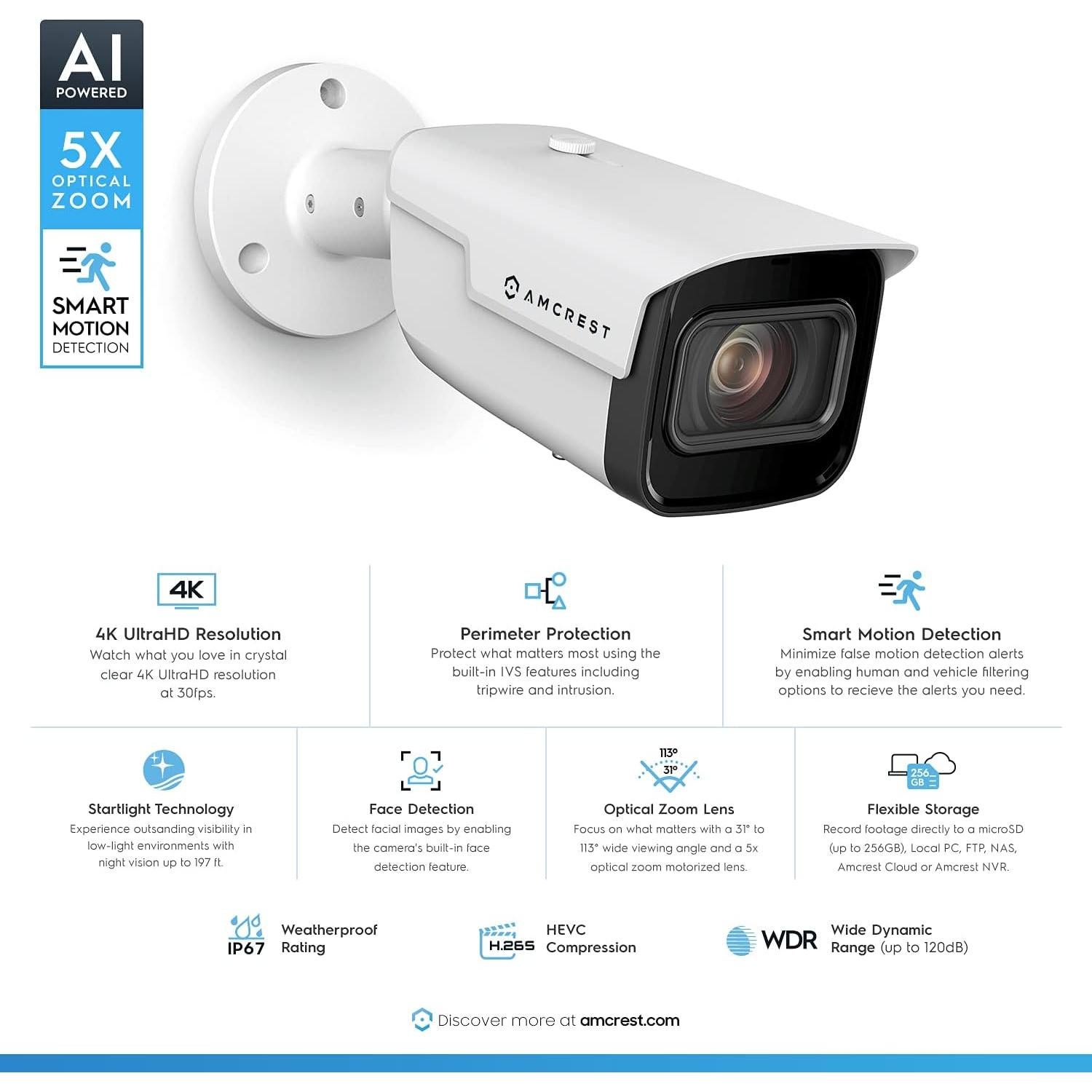 Cámara IP PoE Amcrest 4K 8MP con Zoom Óptico 5X y AI