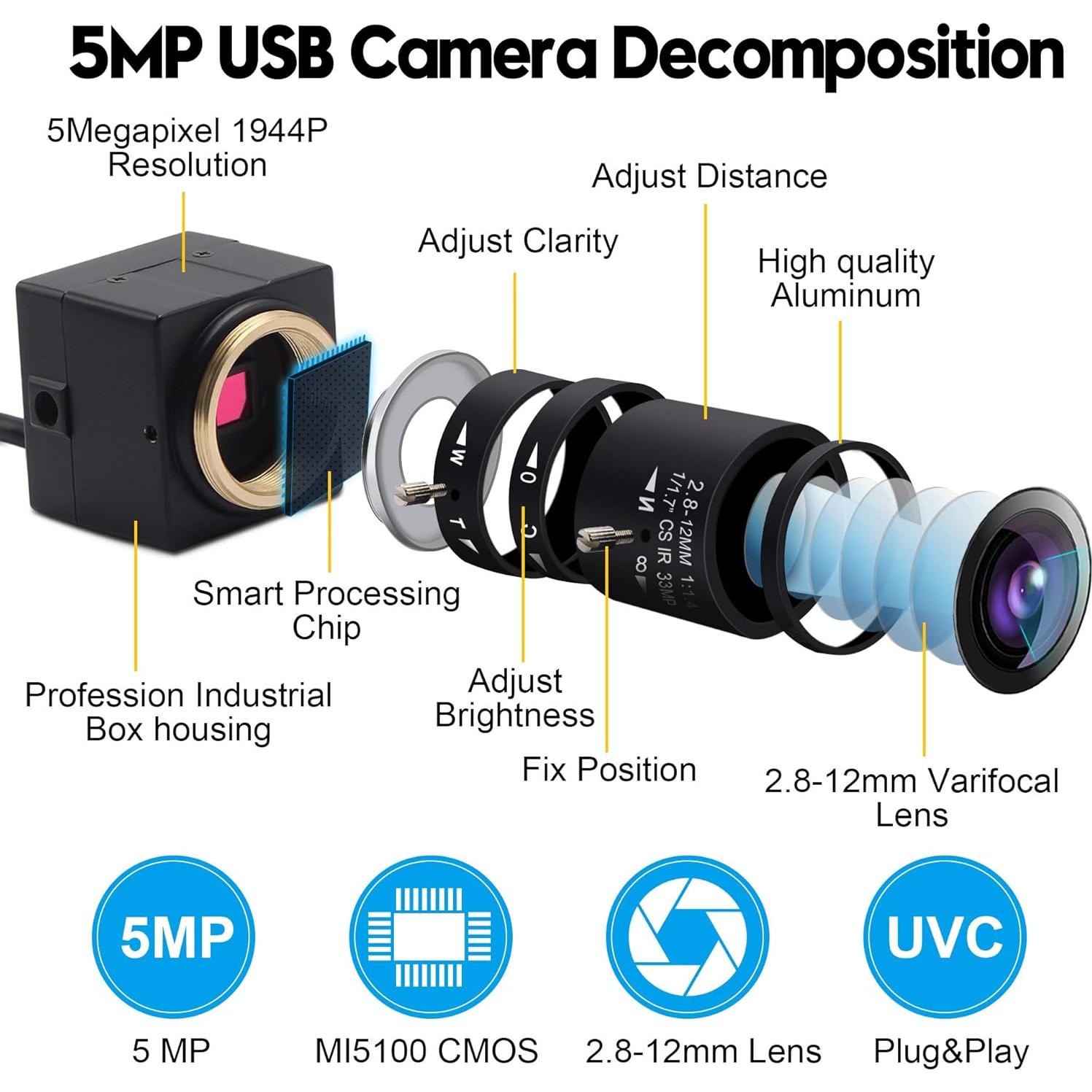 Cámara USB 5MP ALPCAM 1944P Lente Zoom Varifocal 2.8-12mm