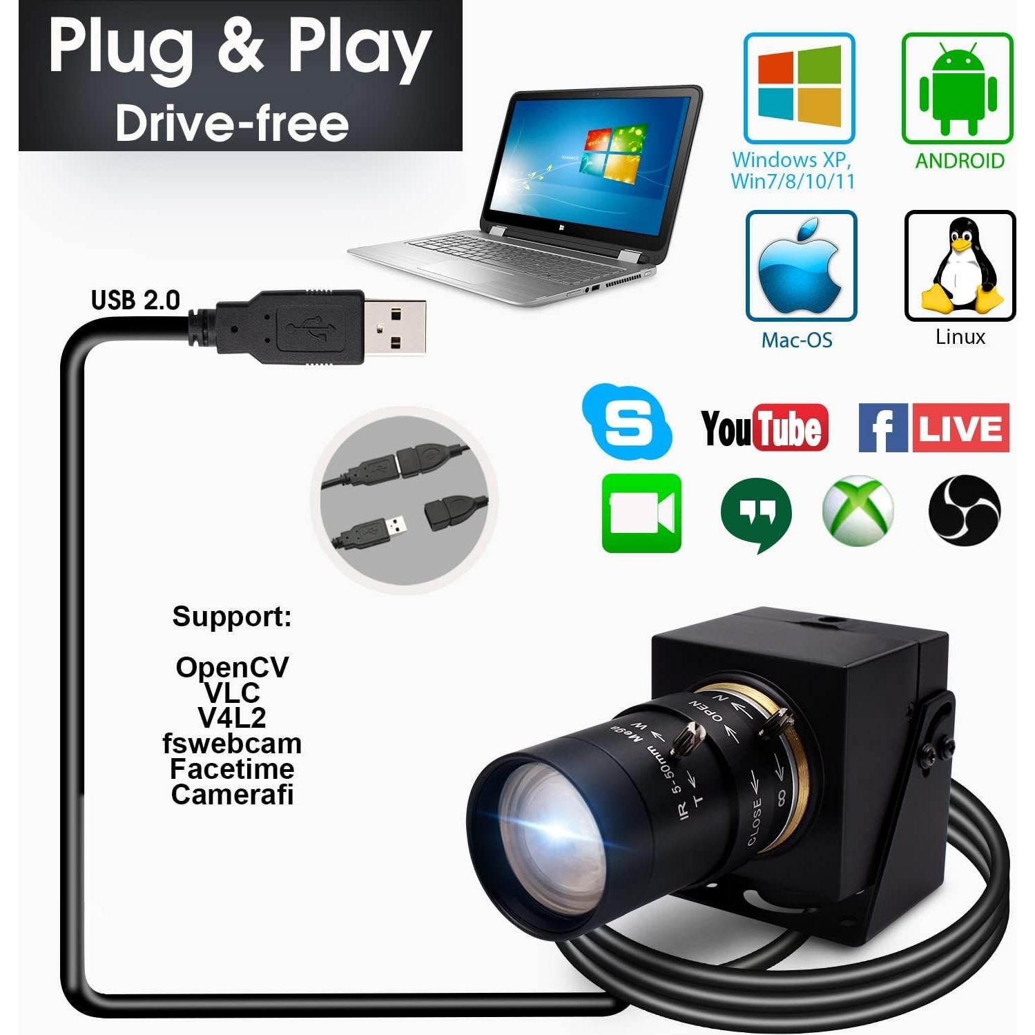 Cámara Web USB SVPRO 8MP con Lente Zoom 5-50mm HD