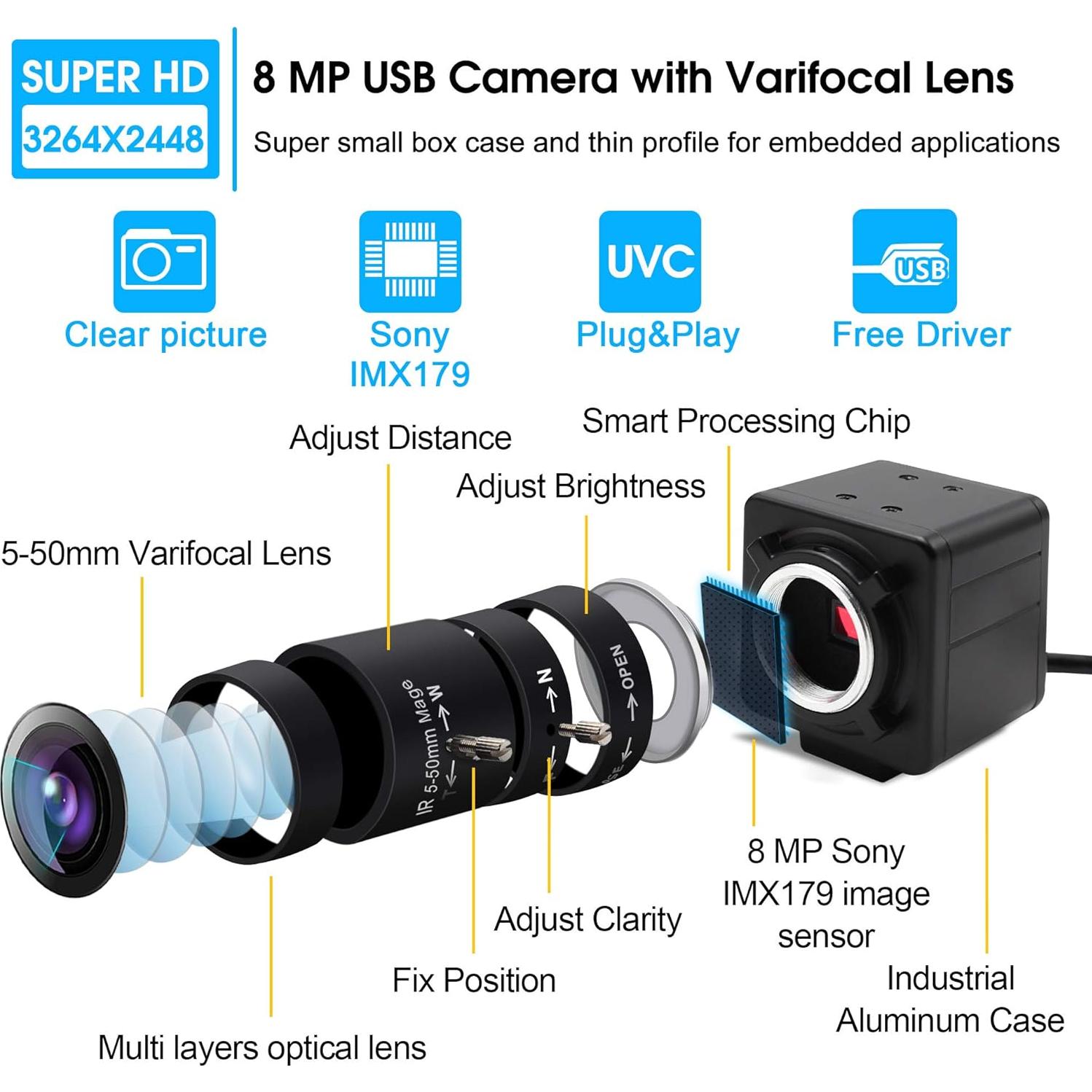 Cámara Web 8MP Hotpet Lente Varifocal 5-50mm USB