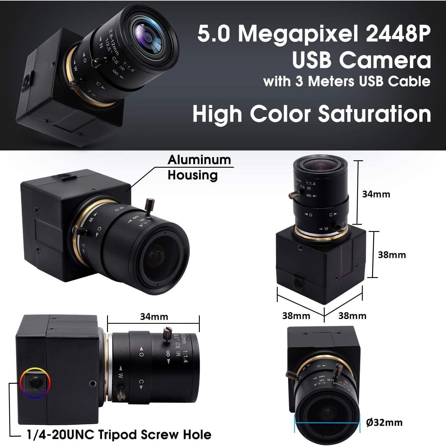 Cámara USB Varifocal 5MP 2.8-12mm Webcam Manual HD