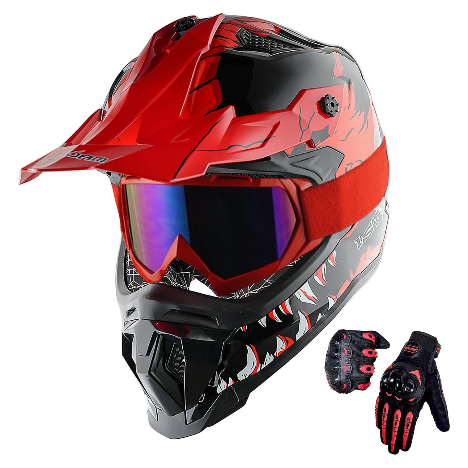Casco de Motocross 1Storm JH601 Mediano Negro + Gafas y Guantes