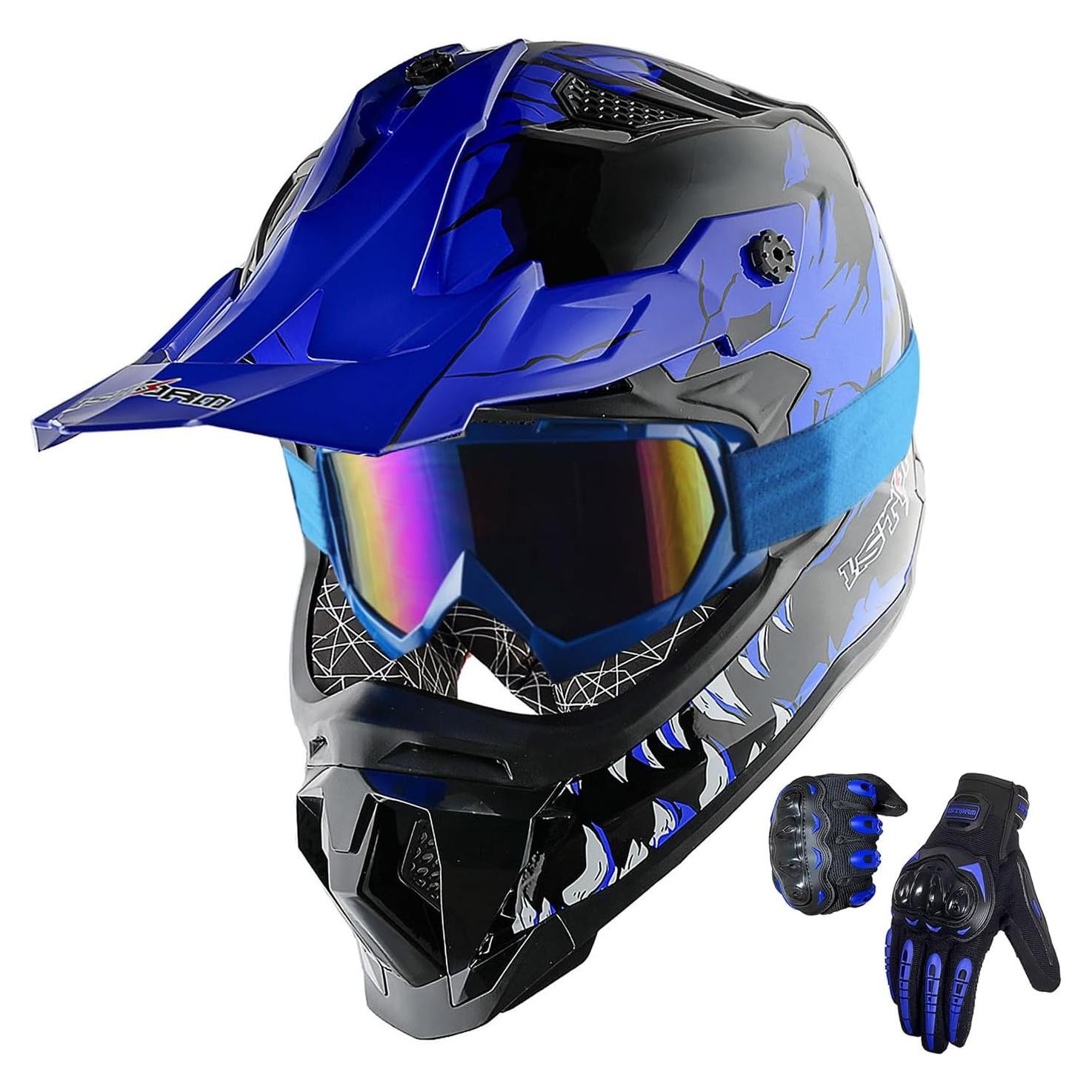 Casco de Motocross 1Storm JH601 Mediano Negro con Gafas y Guantes