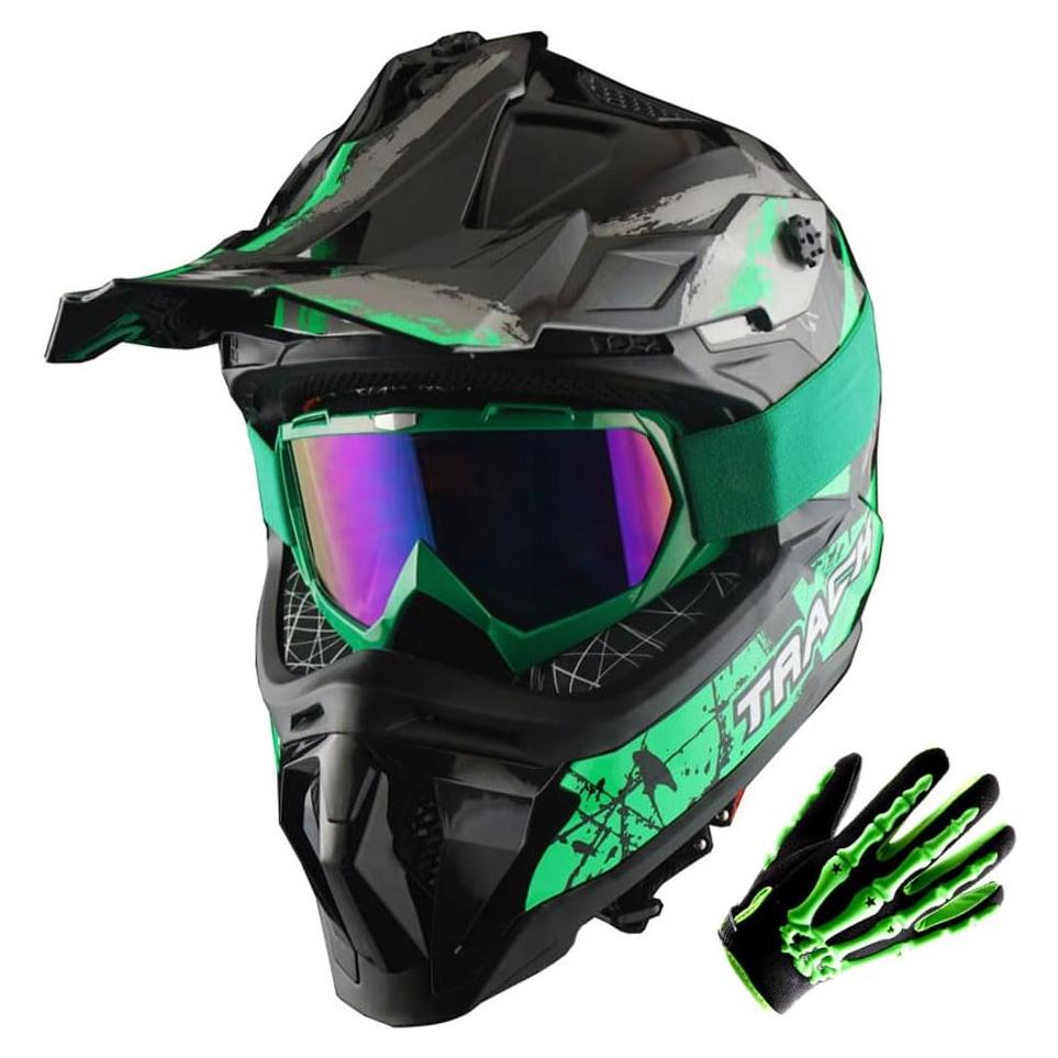 Casco de Motocross 1Storm JH601 Mediano Negro con Gafas y Guantes