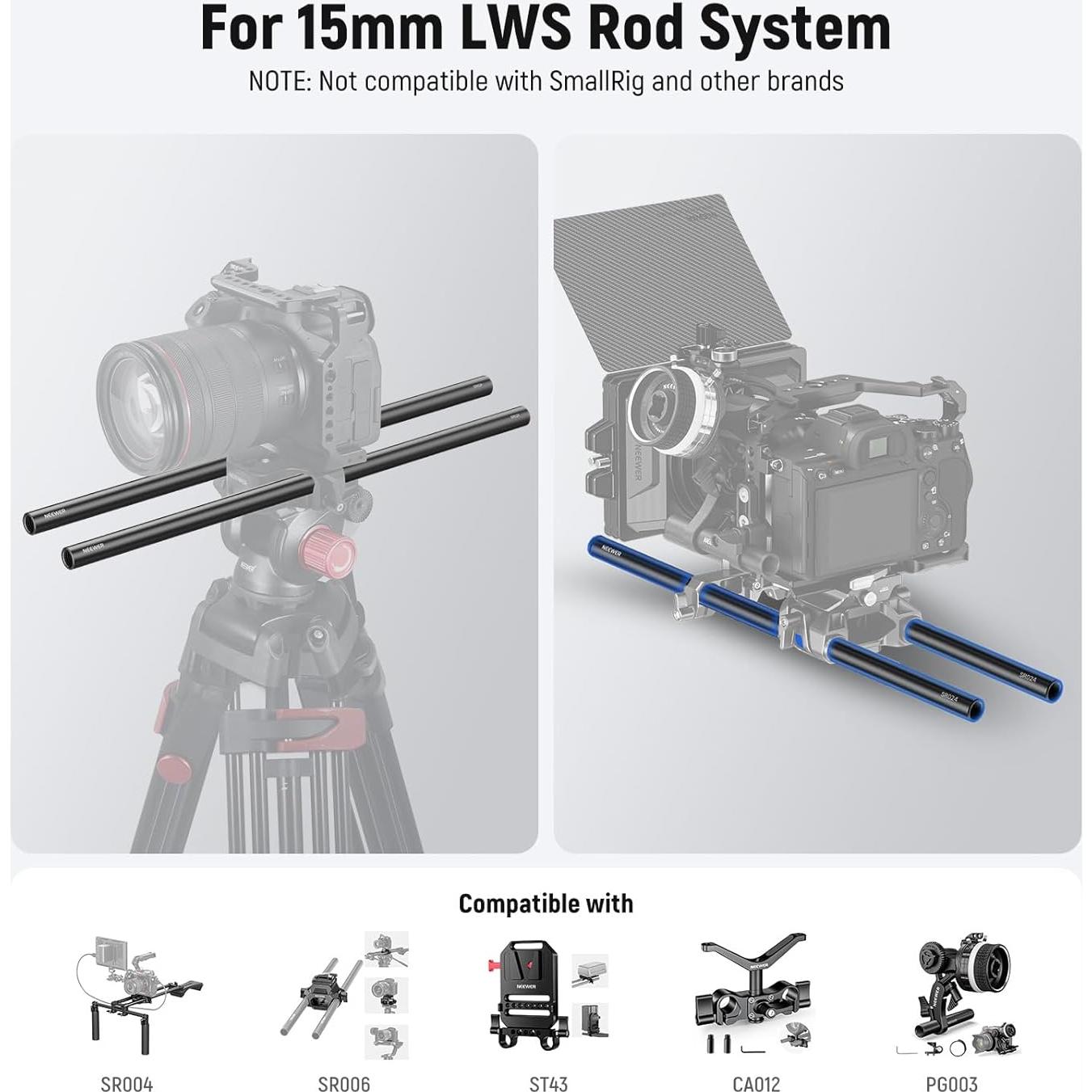 Varillas de Aluminio 15mm NEEWER 40cm 2 Paquete para Rig LWS