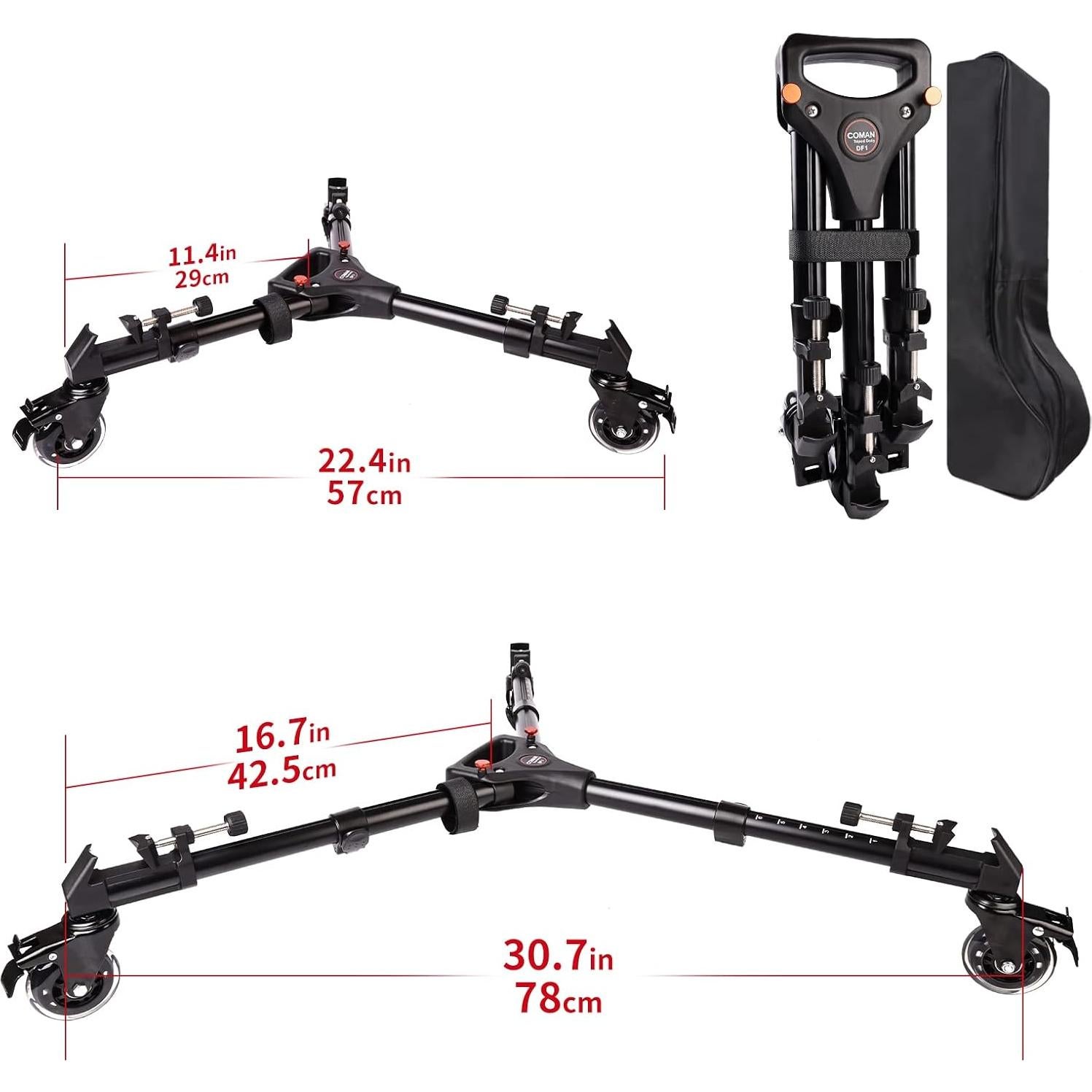 Dolly de trípode COMAN DF1 con ruedas de 7.62 cm y patas ajustables