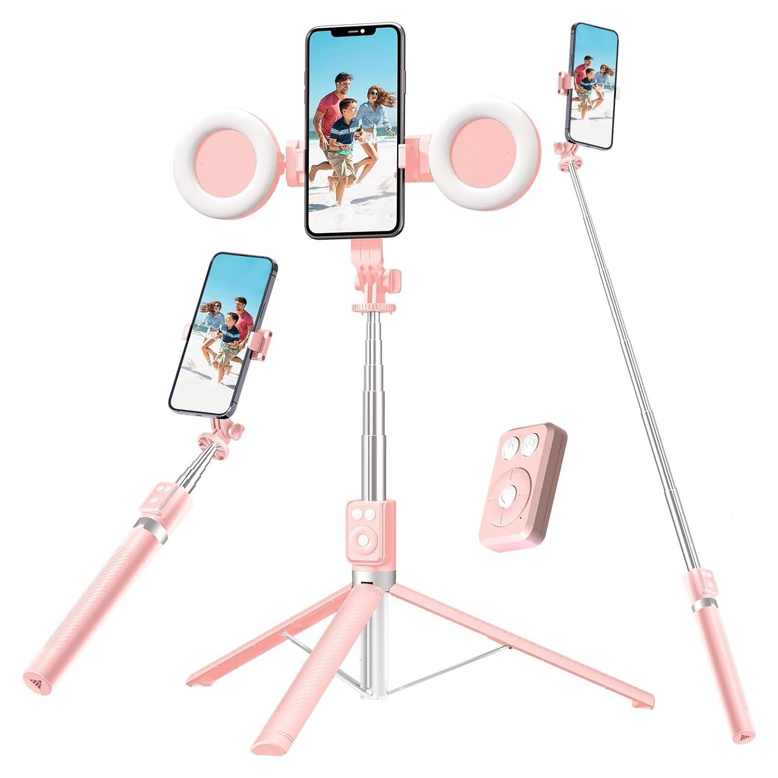 Trípode Selfie Stick Rosa con Luz LED y Control Remoto