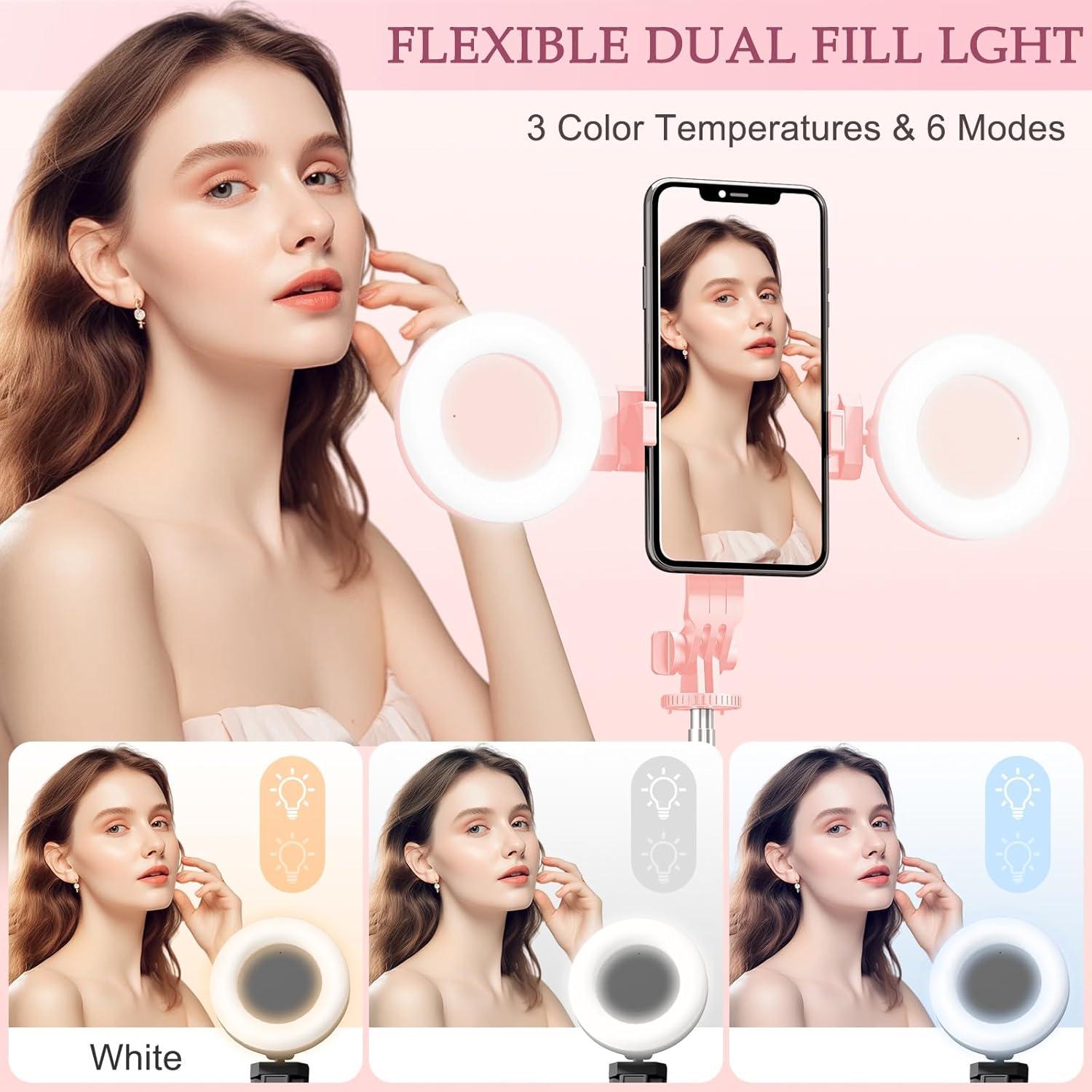 Trípode Selfie Stick Rosa con Luz LED y Control Remoto