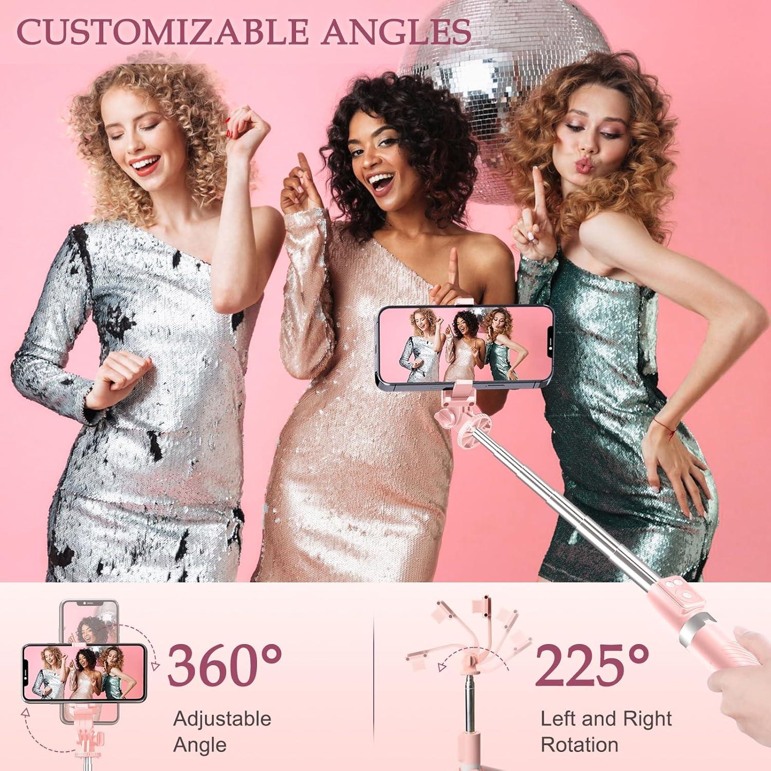 Trípode Selfie Stick Rosa con Luz LED y Control Remoto