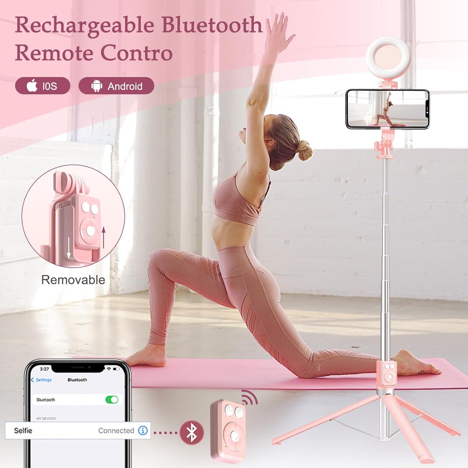 Trípode Selfie Stick Rosa con Luz LED y Control Remoto