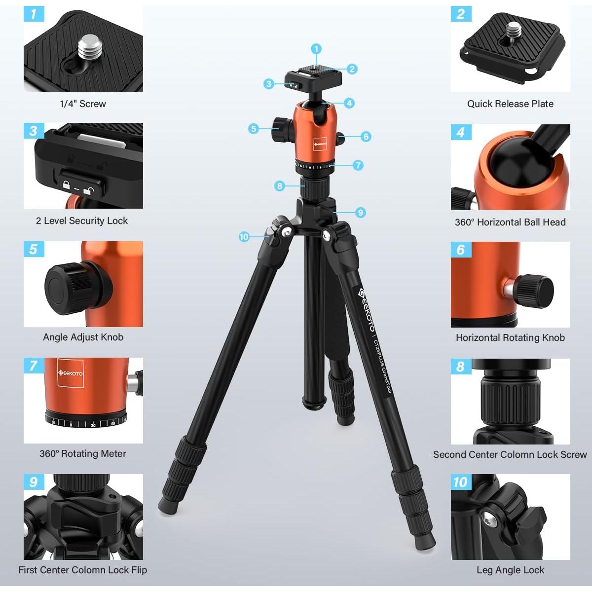 Trípode de Fibra de Carbono GEEKOTO 165 cm 12 kg con Monopie