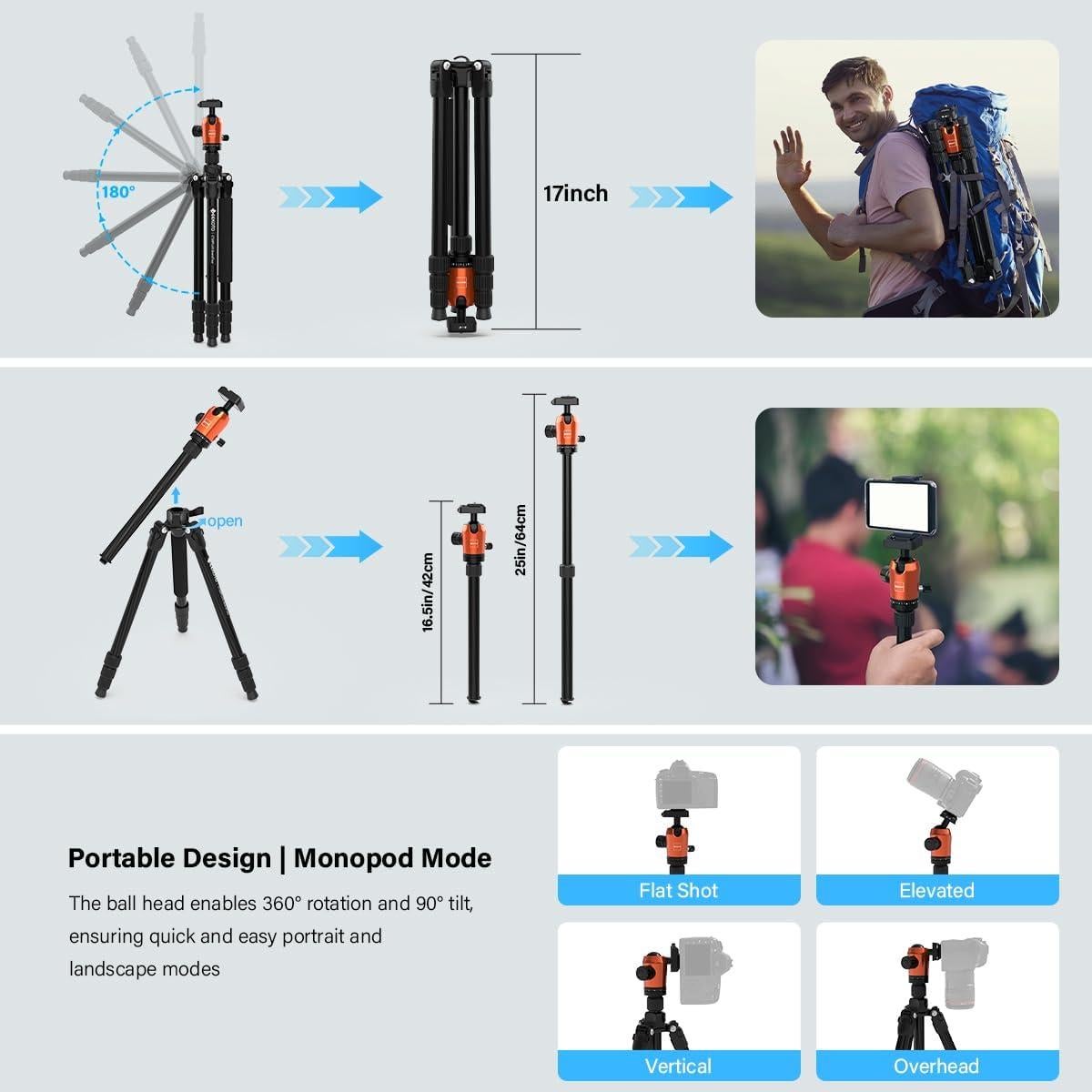 Trípode de Fibra de Carbono GEEKOTO 165 cm 12 kg con Monopie