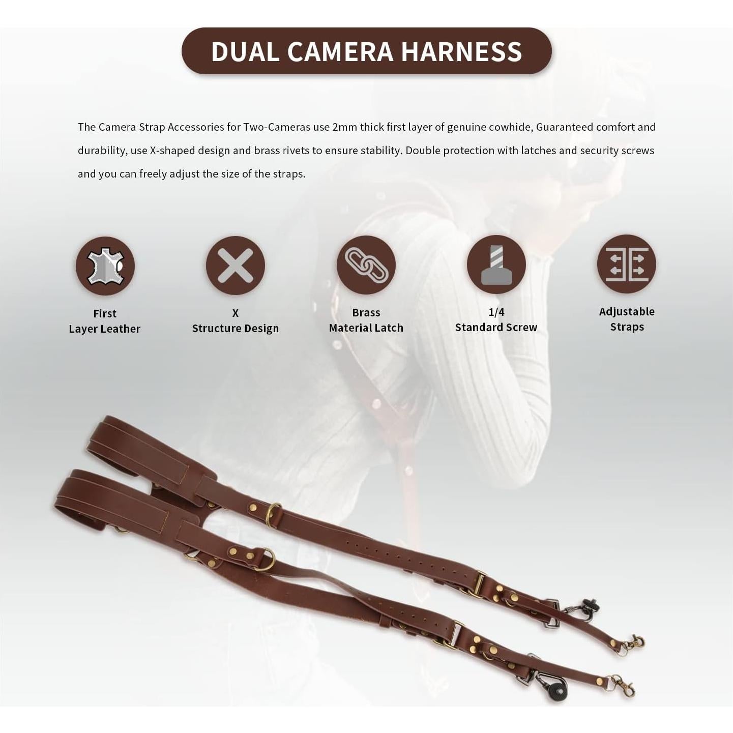 Correa Doble para Cámara Gugxiom de Cuero Ajustable Marrón