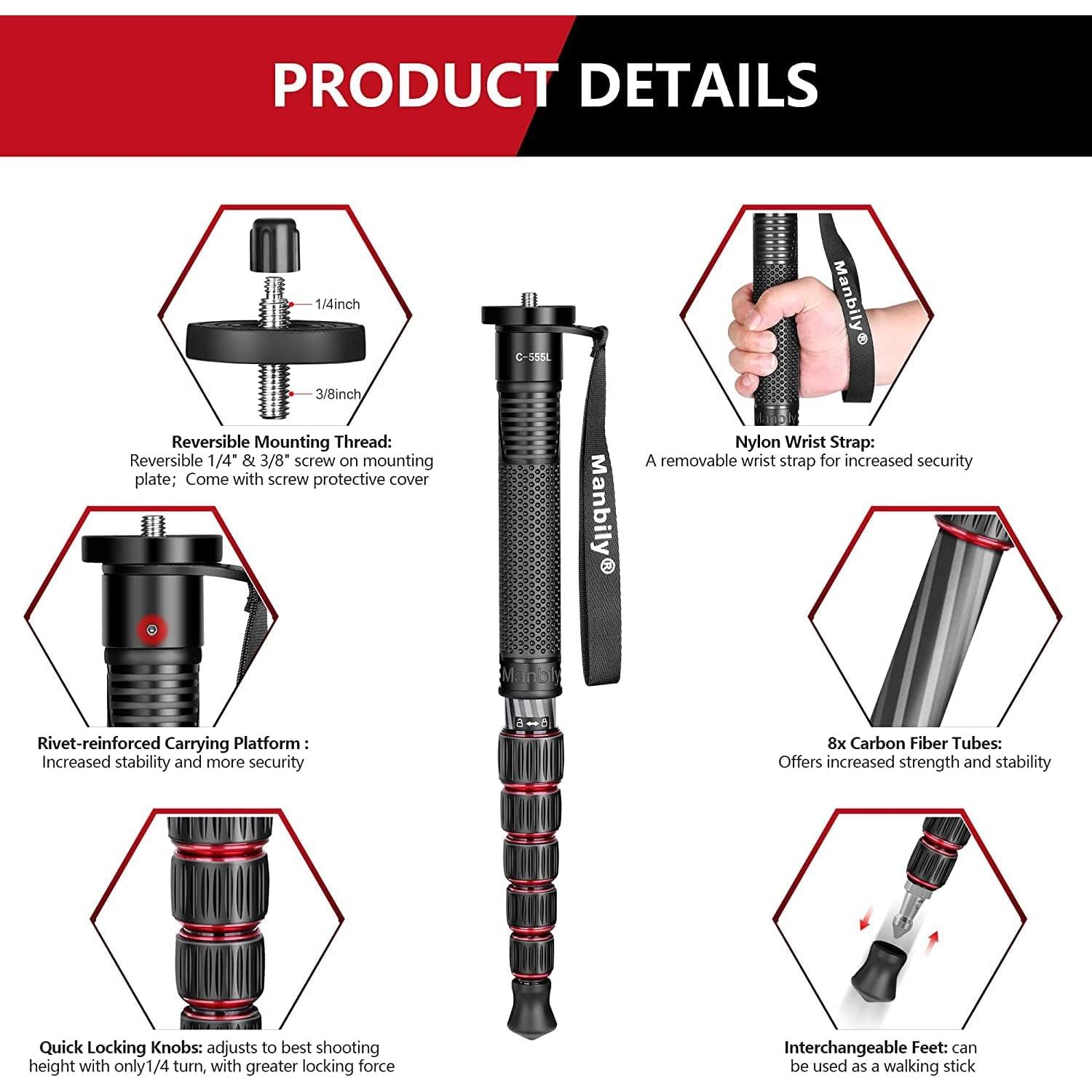 Monopod Manbily C-555L de Fibra de Carbono 0.42 kg 61 cm