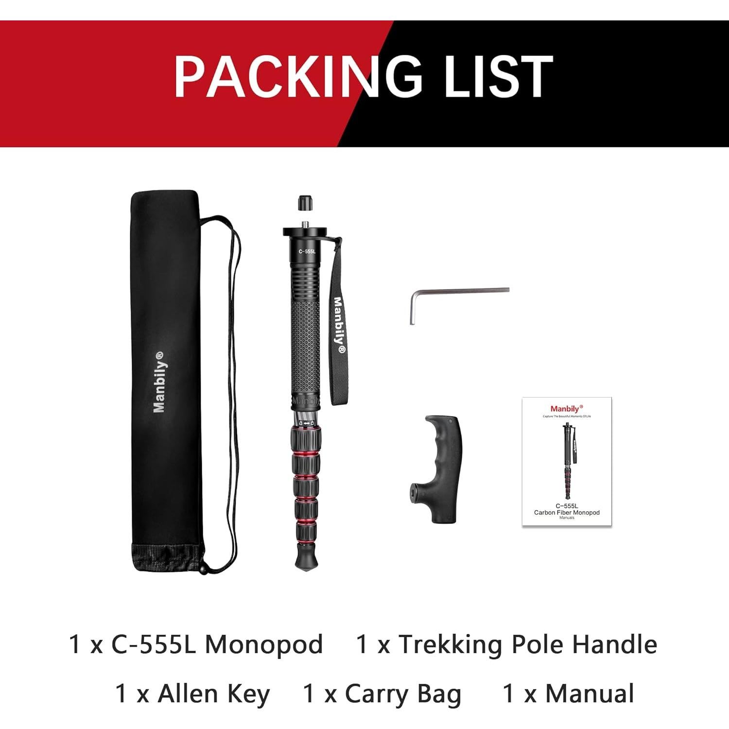 Monopod Manbily C-555L de Fibra de Carbono 0.42 kg 61 cm