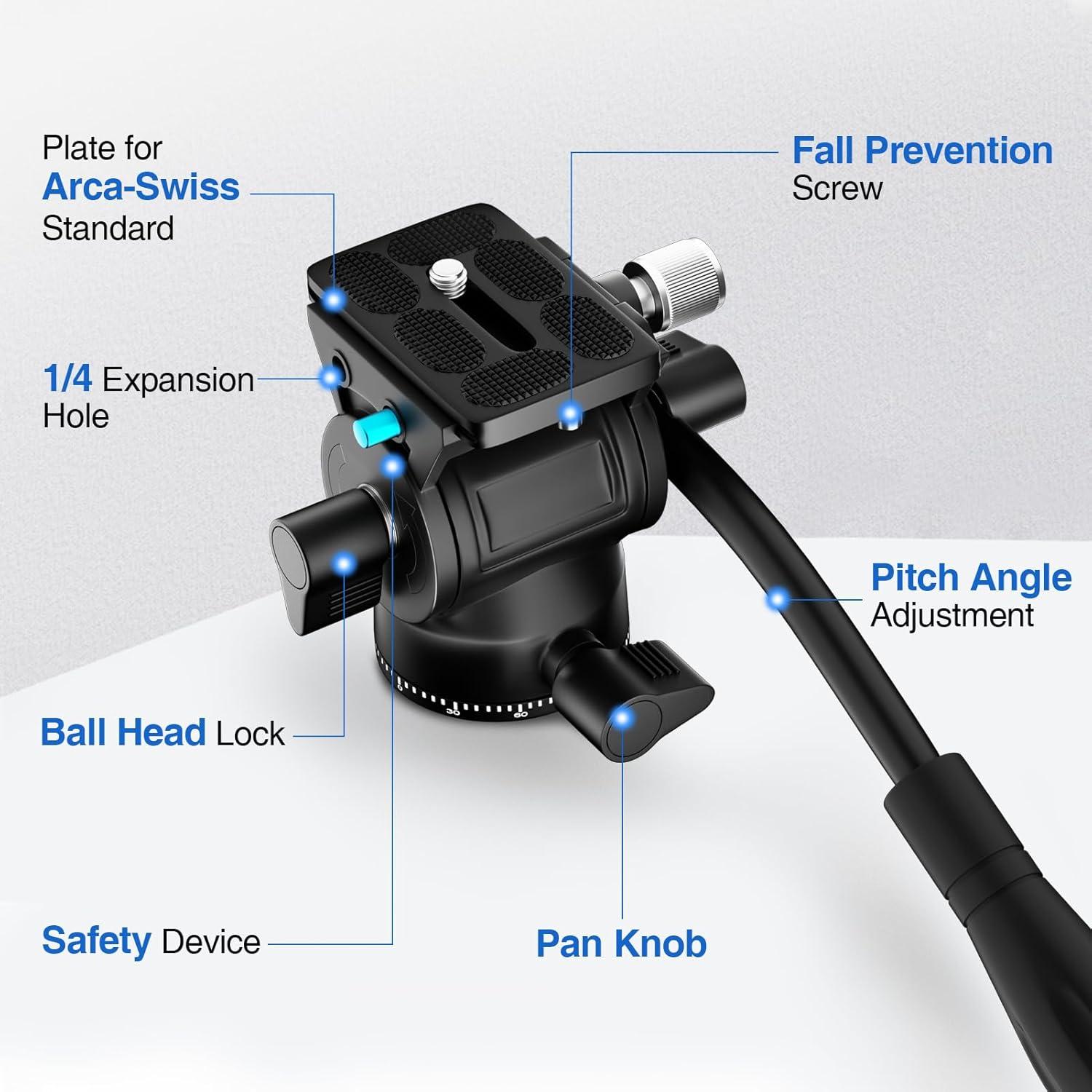 Cabezal de Fluido para Trípode EMART con Placa QR y Mango, Carga 5kg
