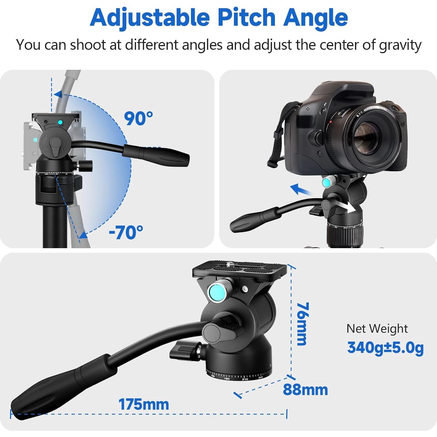 Cabezal de Fluido para Trípode EMART con Placa QR y Mango, Carga 5kg