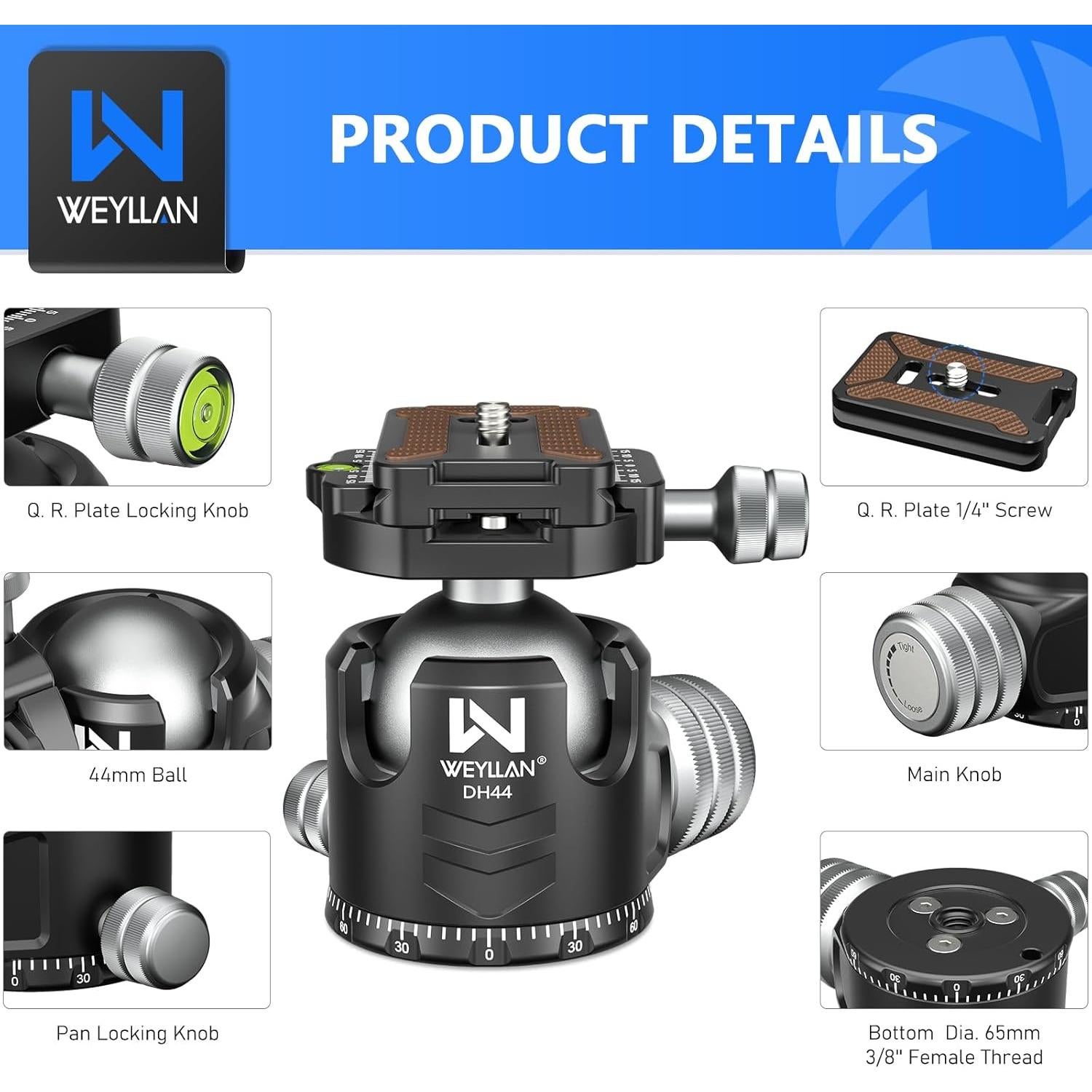 Cabezal de trípode WEYLLAN DH44 44mm 25kg panorámico