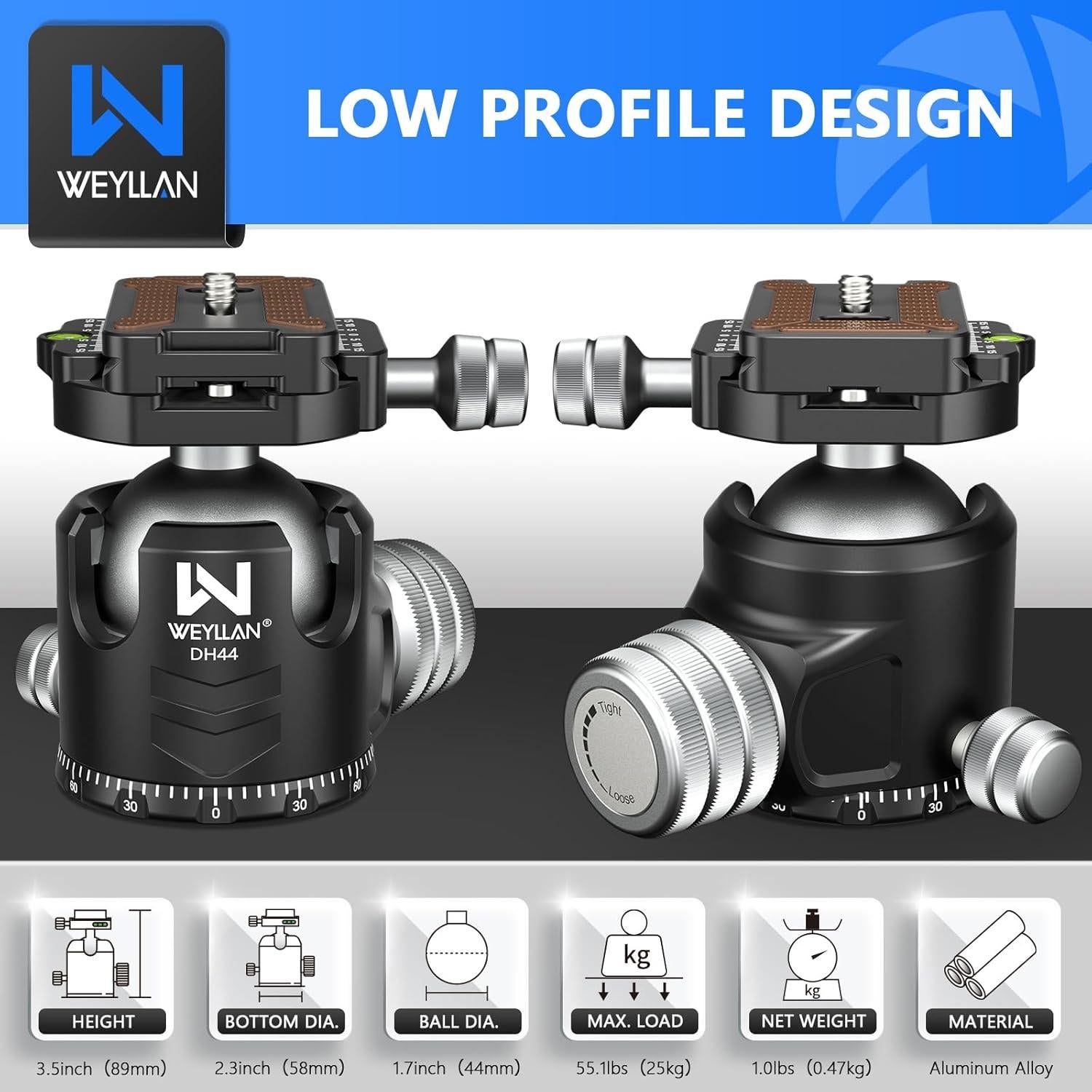 Cabezal de trípode WEYLLAN DH44 44mm 25kg panorámico