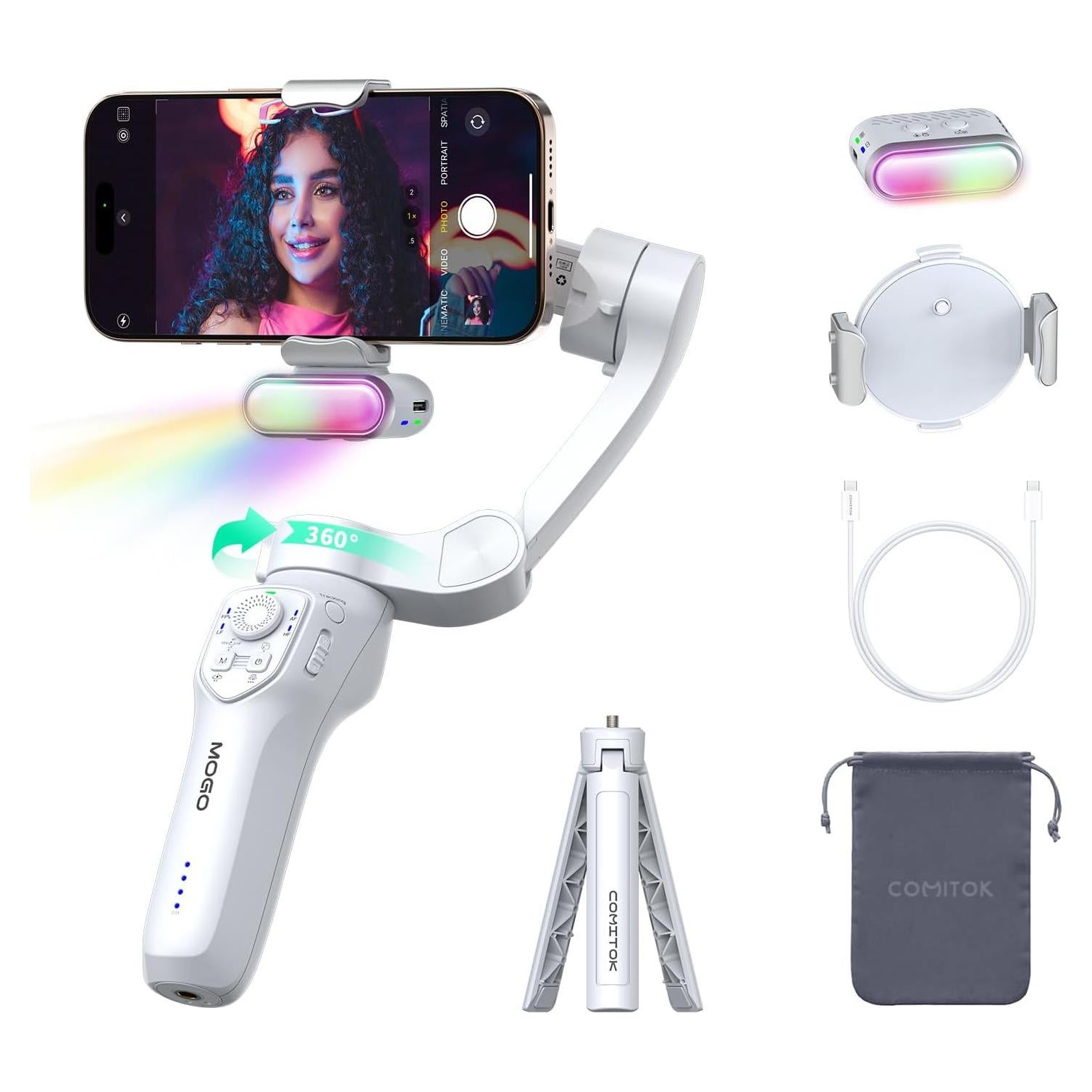 Only for iPhone, MOGO [Apple MFi Certified] Gimbal Stabilizer with Phone Clamp & RGB Light, Video Gimbal Stabilizer Allows Select Tracking Subject, Gaze-Tracking for iPhone 16 15 Pro Max