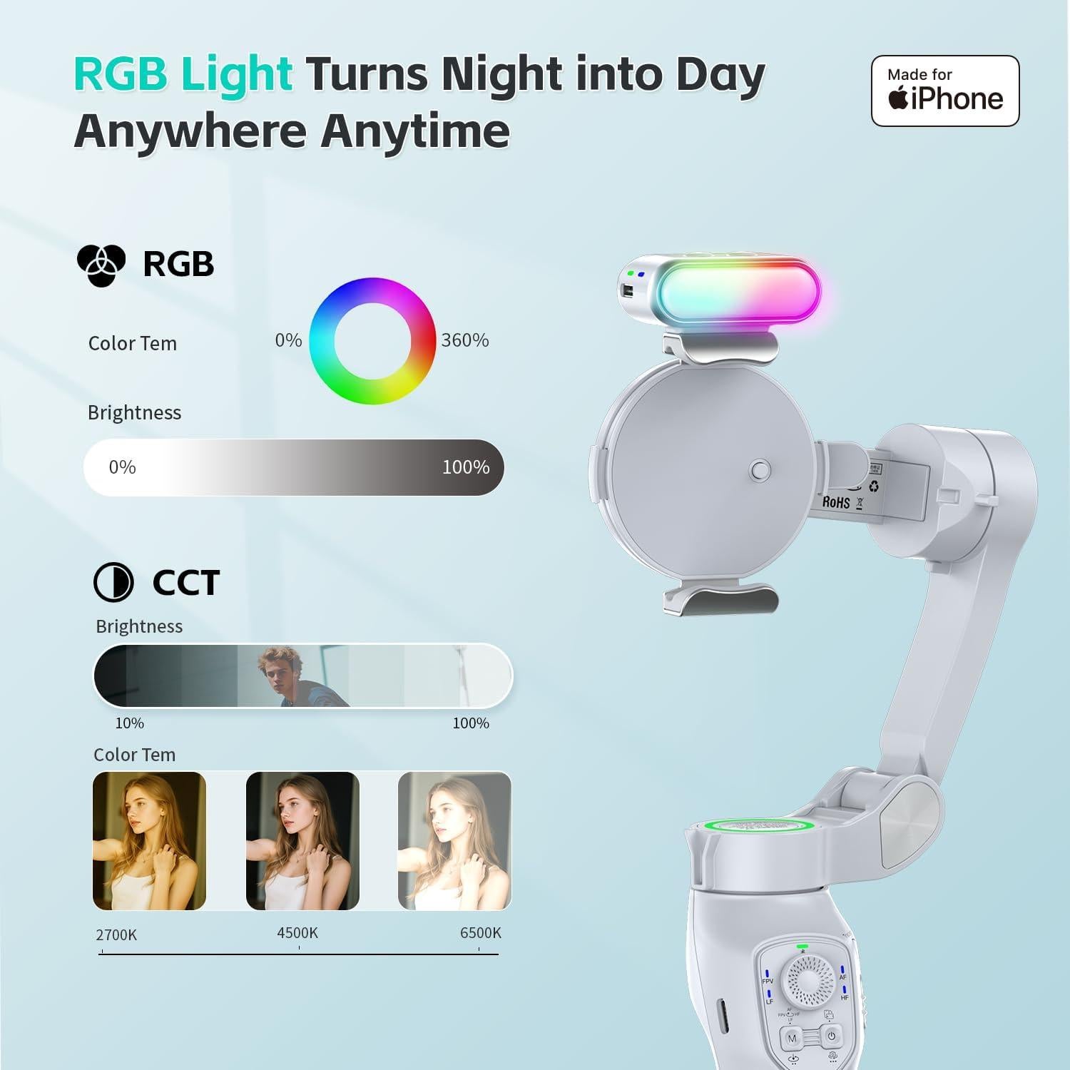 Only for iPhone, MOGO [Apple MFi Certified] Gimbal Stabilizer with Phone Clamp & RGB Light, Video Gimbal Stabilizer Allows Select Tracking Subject, Gaze-Tracking for iPhone 16 15 Pro Max