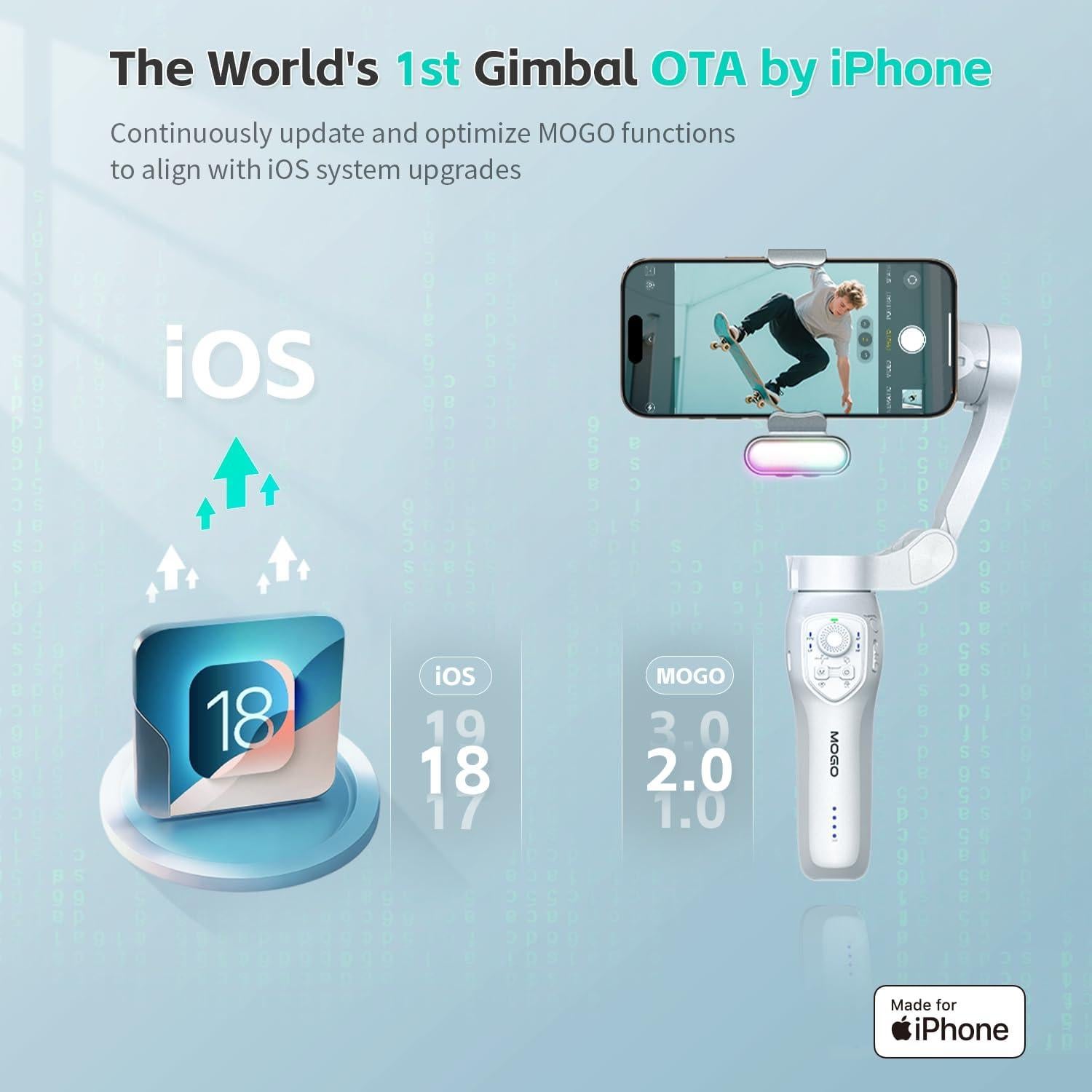 Only for iPhone, MOGO [Apple MFi Certified] Gimbal Stabilizer with Phone Clamp & RGB Light, Video Gimbal Stabilizer Allows Select Tracking Subject, Gaze-Tracking for iPhone 16 15 Pro Max