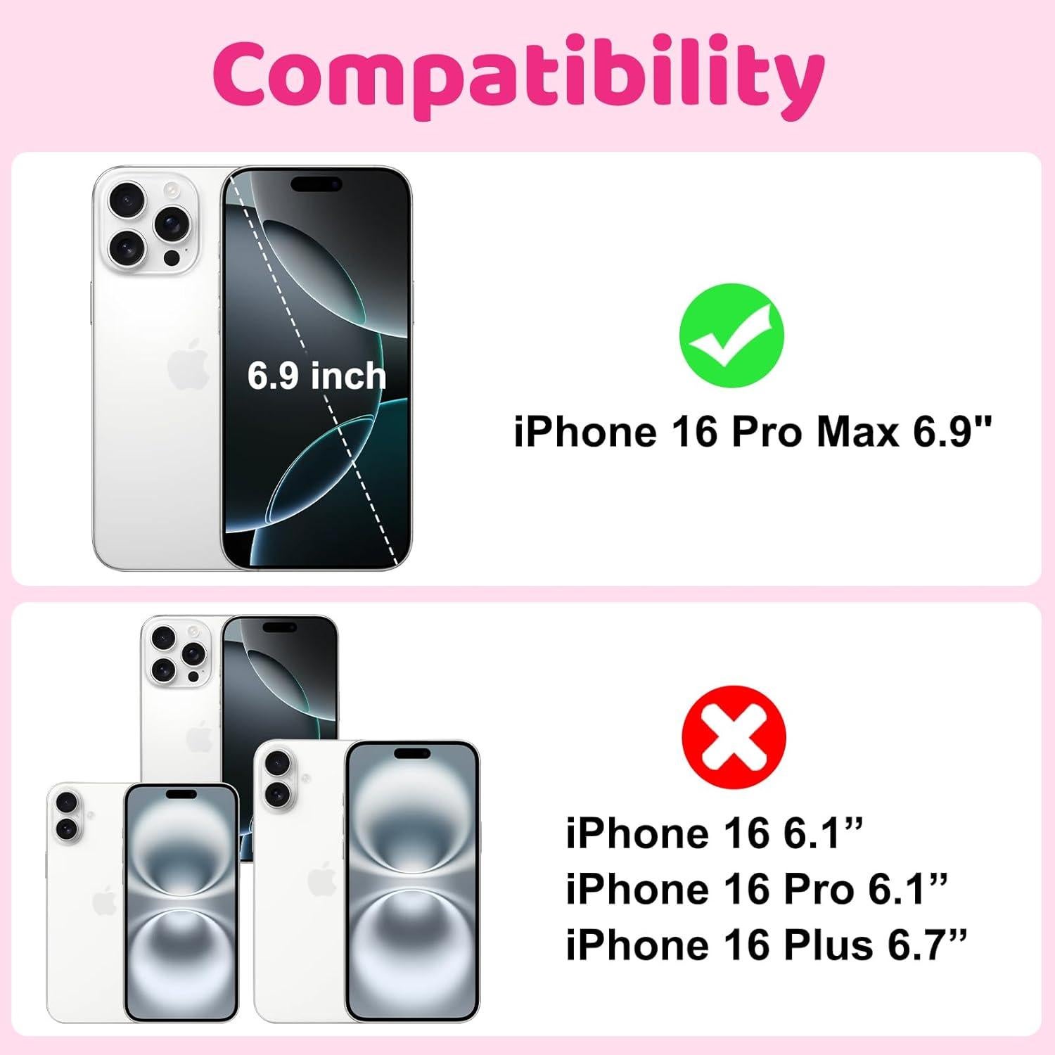 Funda billetera rosa para iPhone 16 Pro Max con espejo y soporte