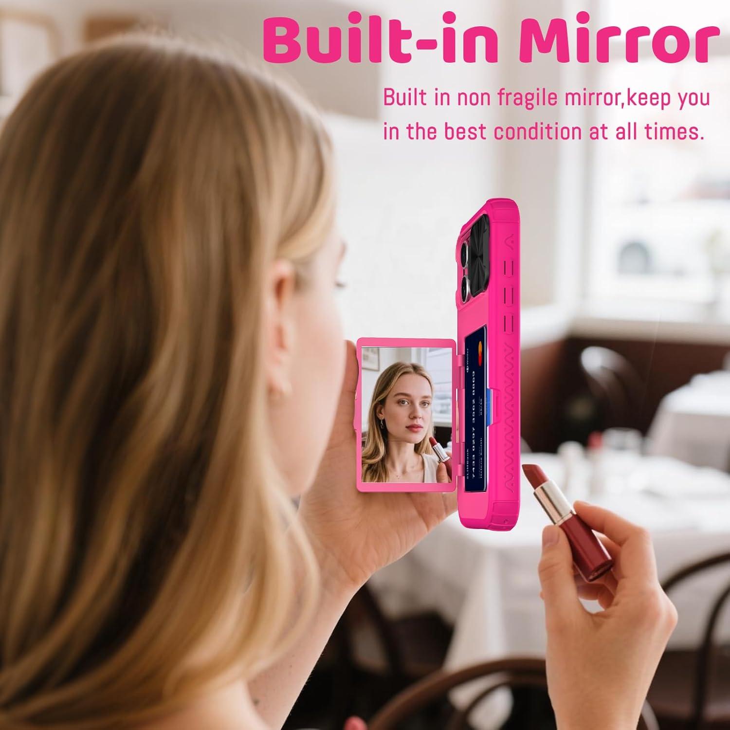 Funda billetera rosa para iPhone 16 Pro Max con espejo y soporte