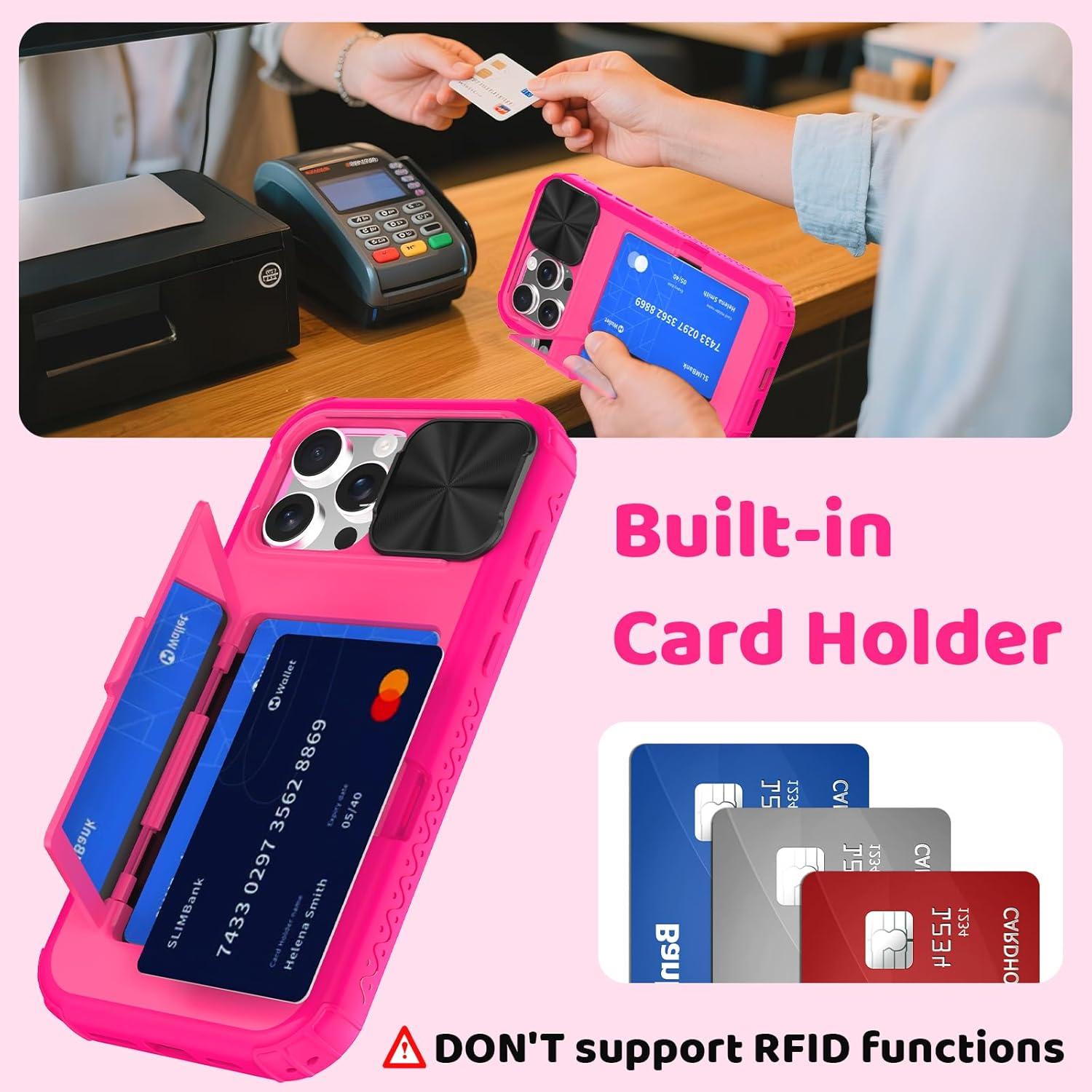 Funda billetera rosa para iPhone 16 Pro Max con espejo y soporte