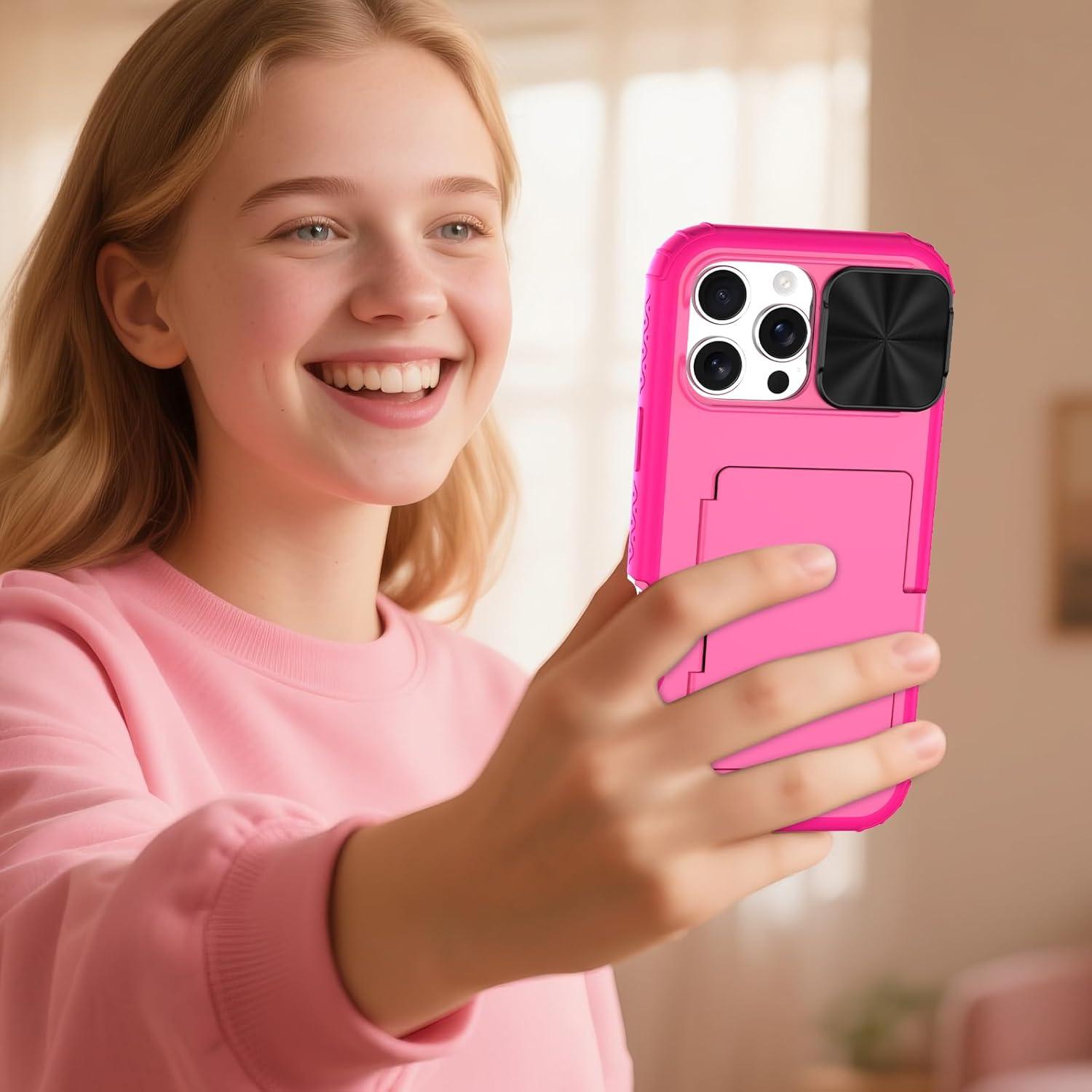 Funda billetera rosa para iPhone 16 Pro Max con espejo y soporte