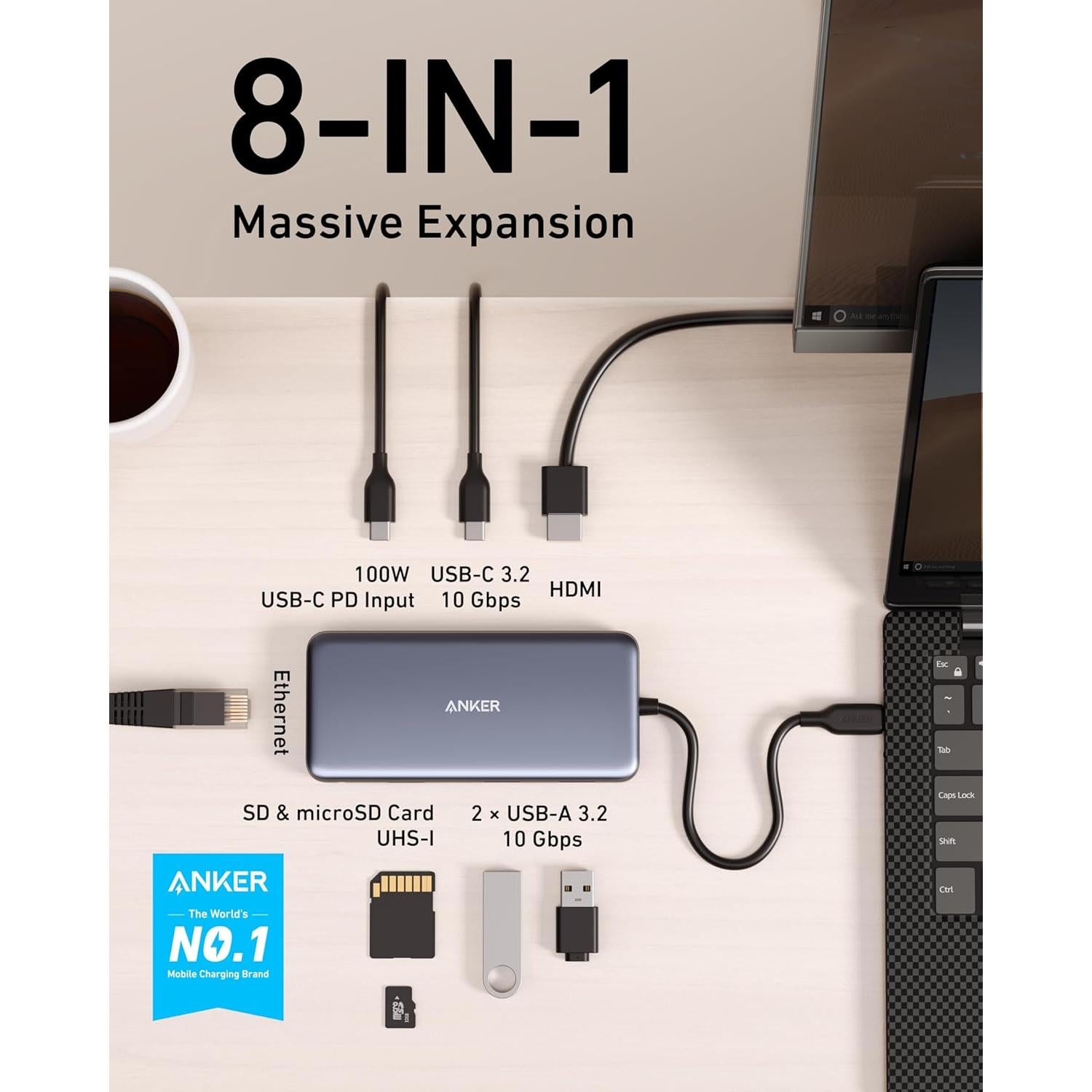 Hub USB-C Anker 555 8-en-1 85W HDMI 4K 10Gbps para MacBook