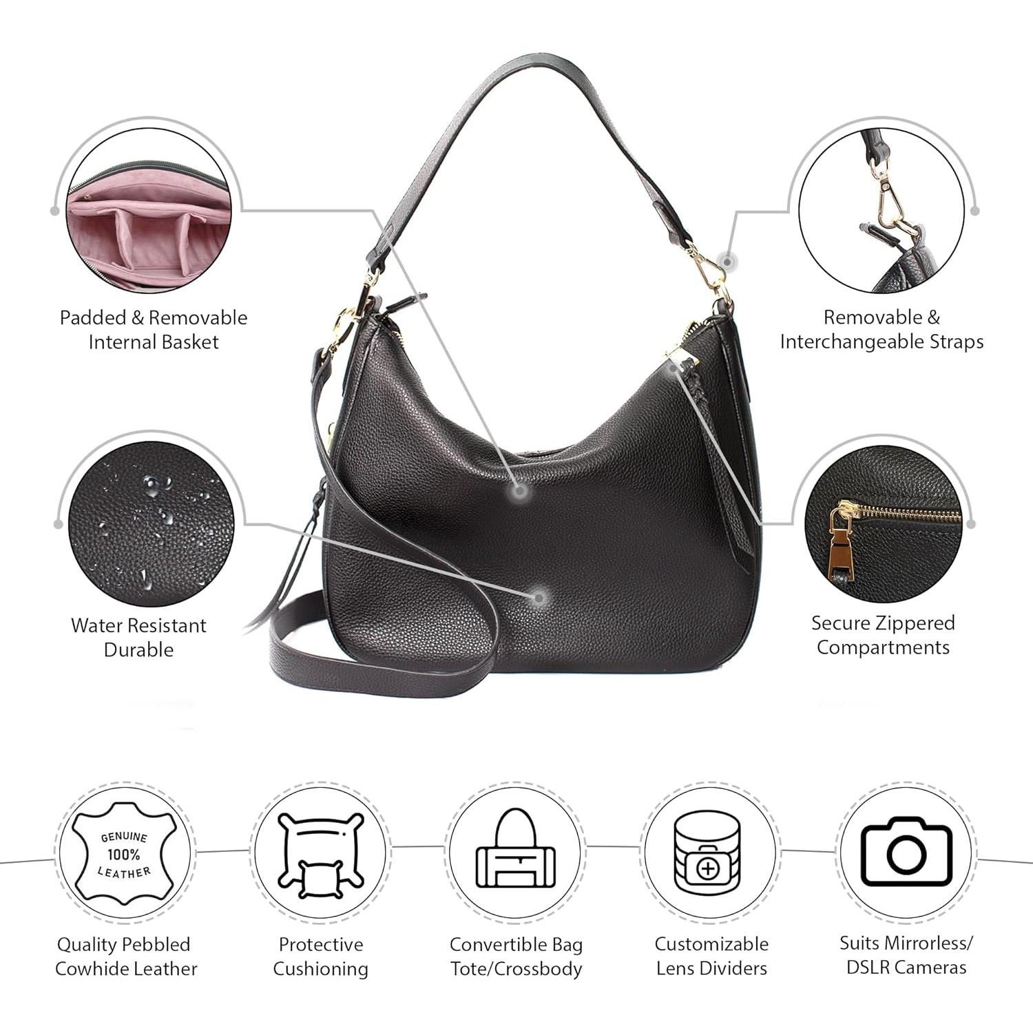 Bolsa de cámara Meliae para mujeres, tote negro 30.5x11.4x24.9 cm