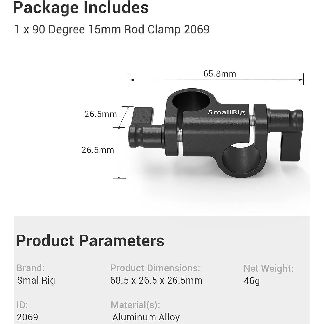 Abrazadera de Varilla 15mm a 90° SMALLRIG 2069 Aluminio