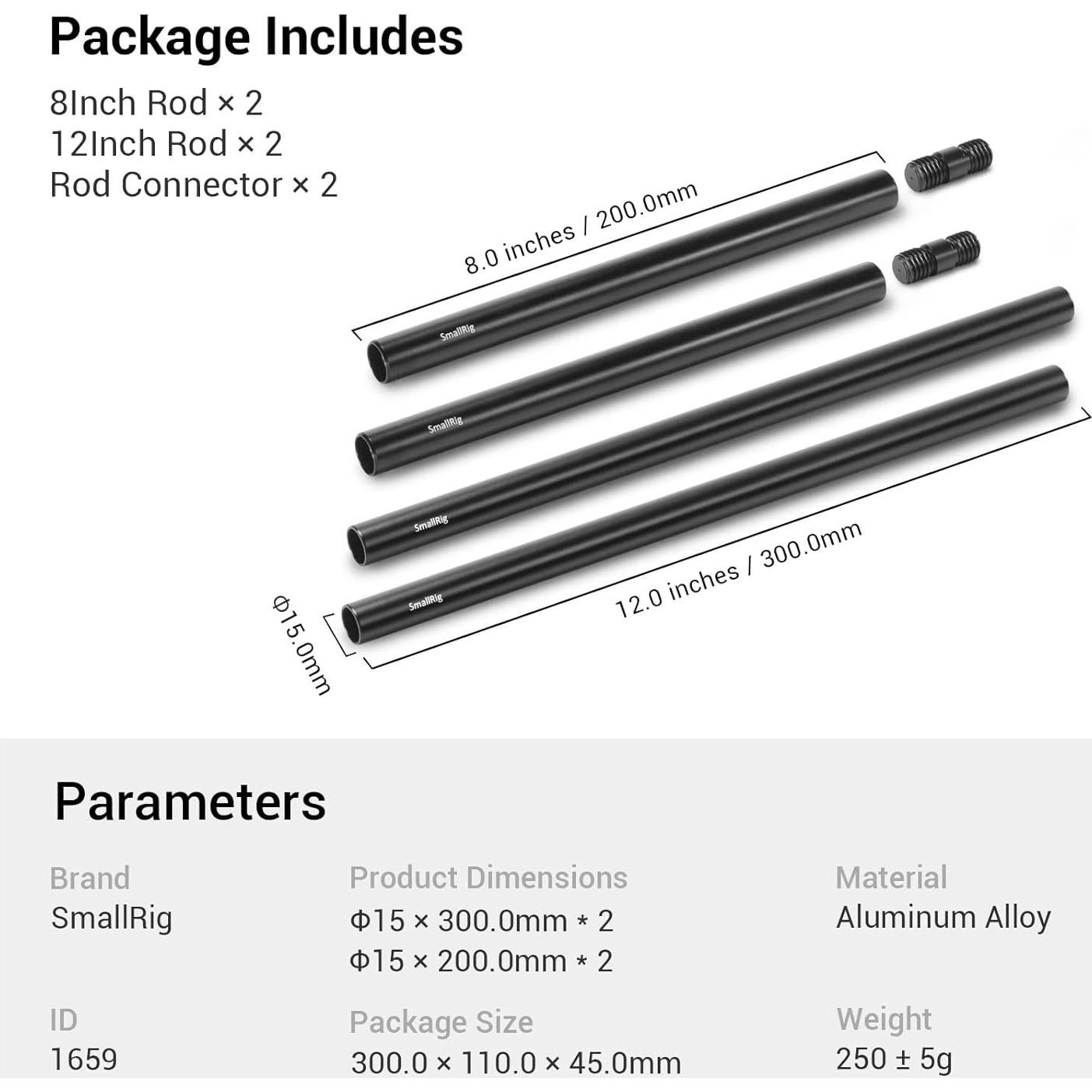 Varillas de 15mm SmallRig M12 - 2x20cm y 2x30cm, Aluminio