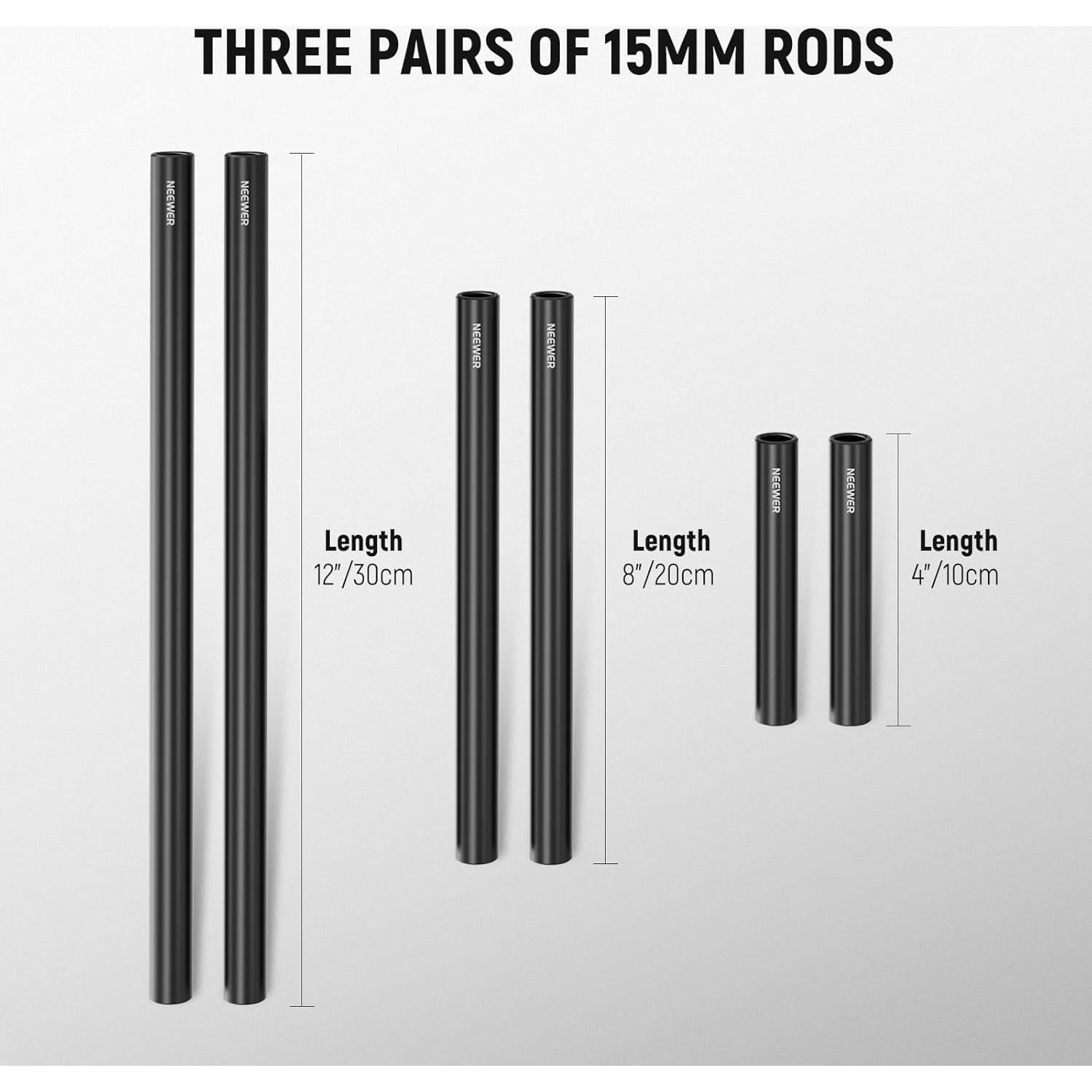 Varillas de Aluminio 15mm NEEWER - 3 Pares 10cm, 20cm, 30cm