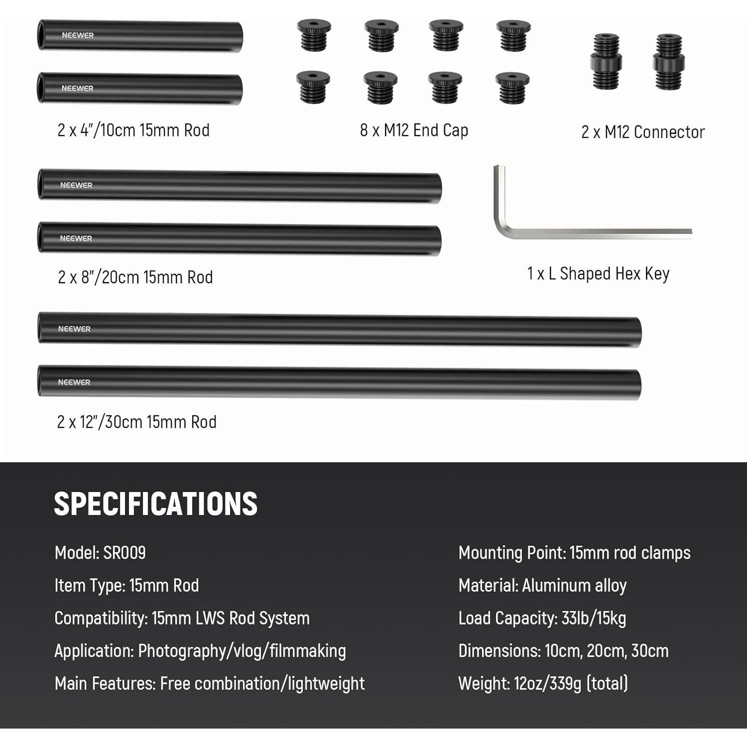 Varillas de Aluminio 15mm NEEWER - 3 Pares 10cm, 20cm, 30cm