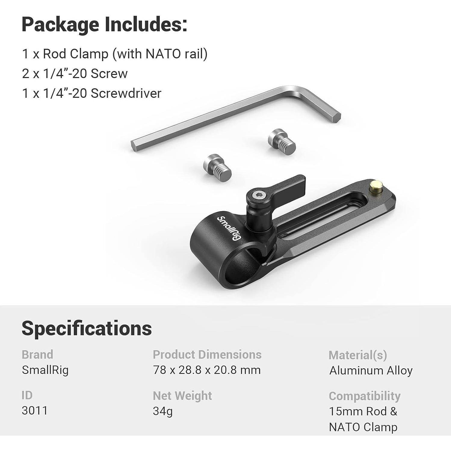 Abrazadera de Varilla 15mm SmallRig 3011 con Riel NATO