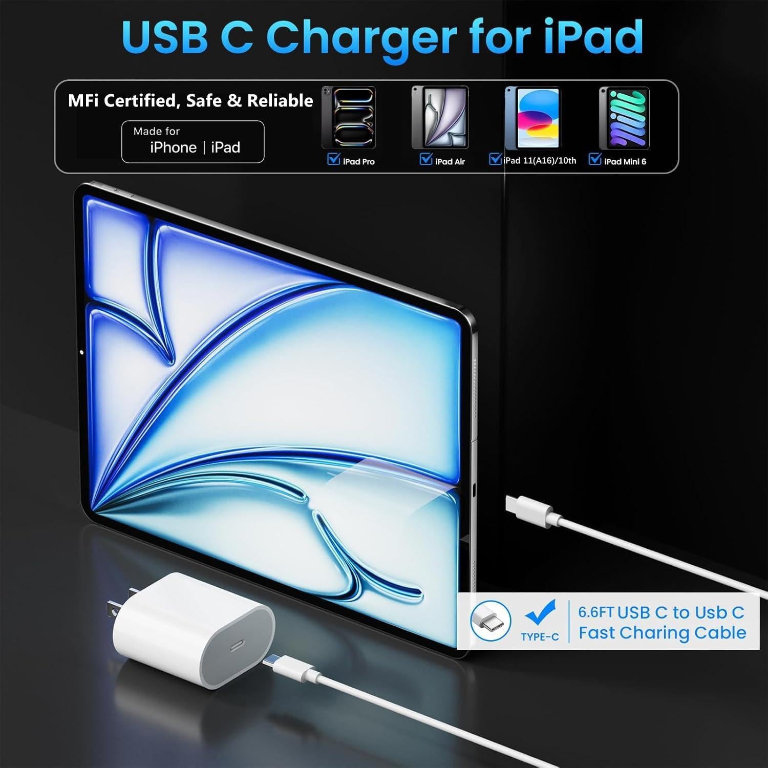 Cargador Rápido USB C 20W para iPad Pro y Air con Cable 2m