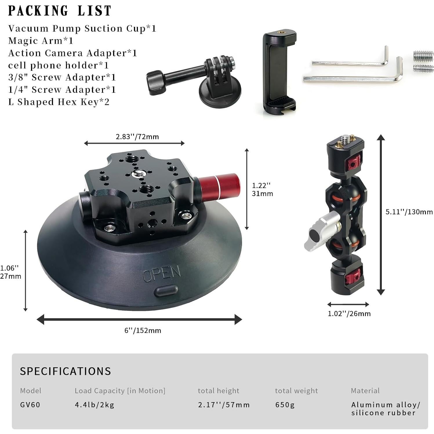 Soporte de Cámara con Ventosa FIFIELD 15.2 cm Ajustable