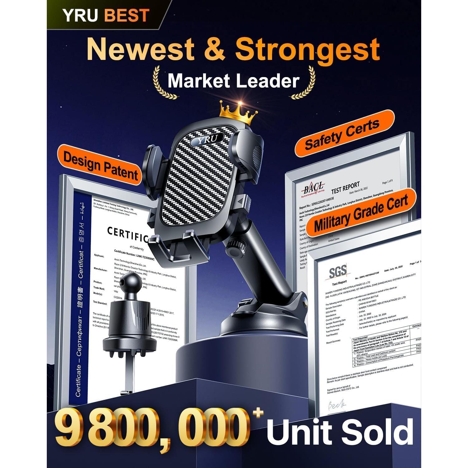 Soporte para Teléfono de Coche YRU 2025 Negro 90LBS Ajustable