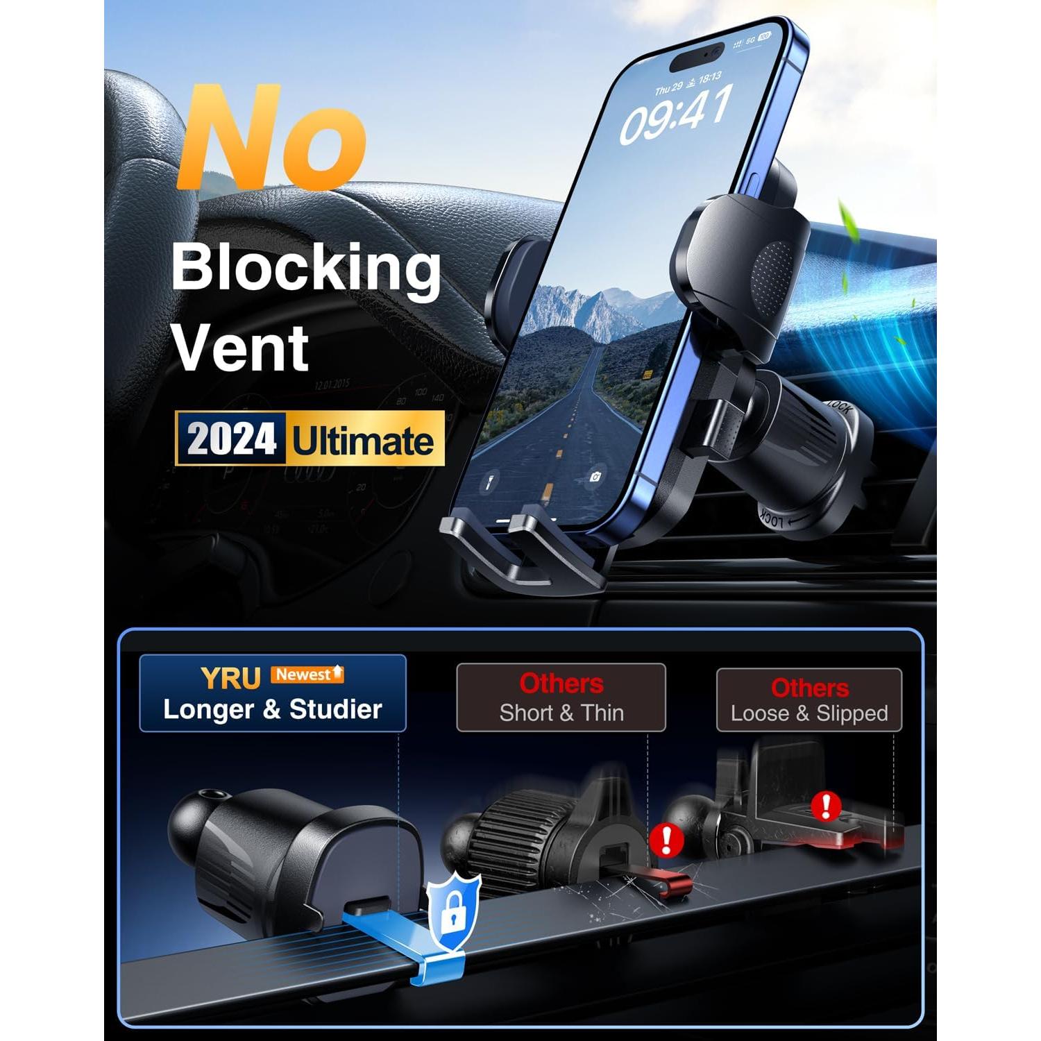 Soporte para Teléfono de Coche YRU 2025 Negro 90LBS Ajustable