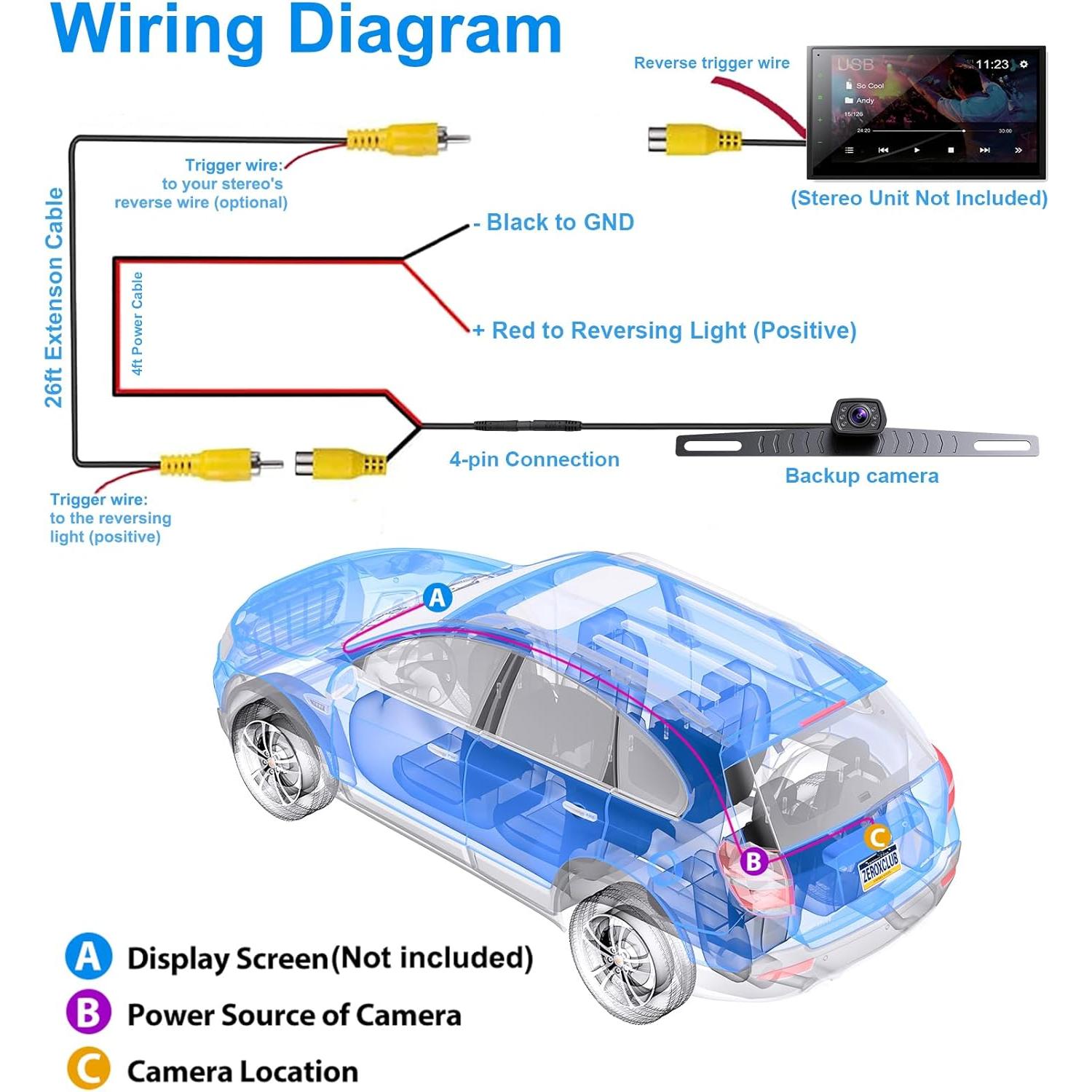 Cámara de Respaldo ZEROXCLUB B2 con 6 LEDs y Visión Nocturna