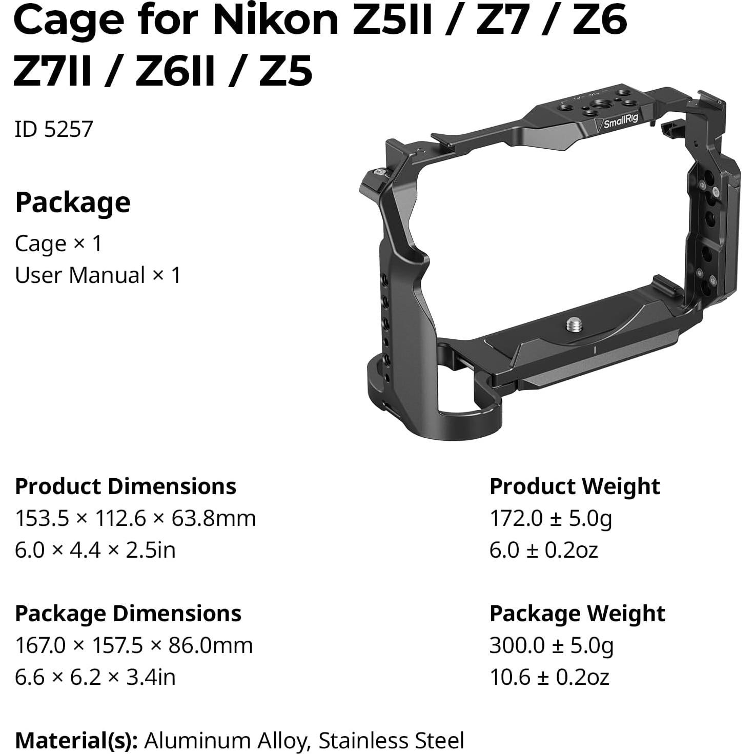 Jaula de cámara SmallRig 5257 para Nikon Z5 II, Z5, Z6, Z6II, Z7, Z7II