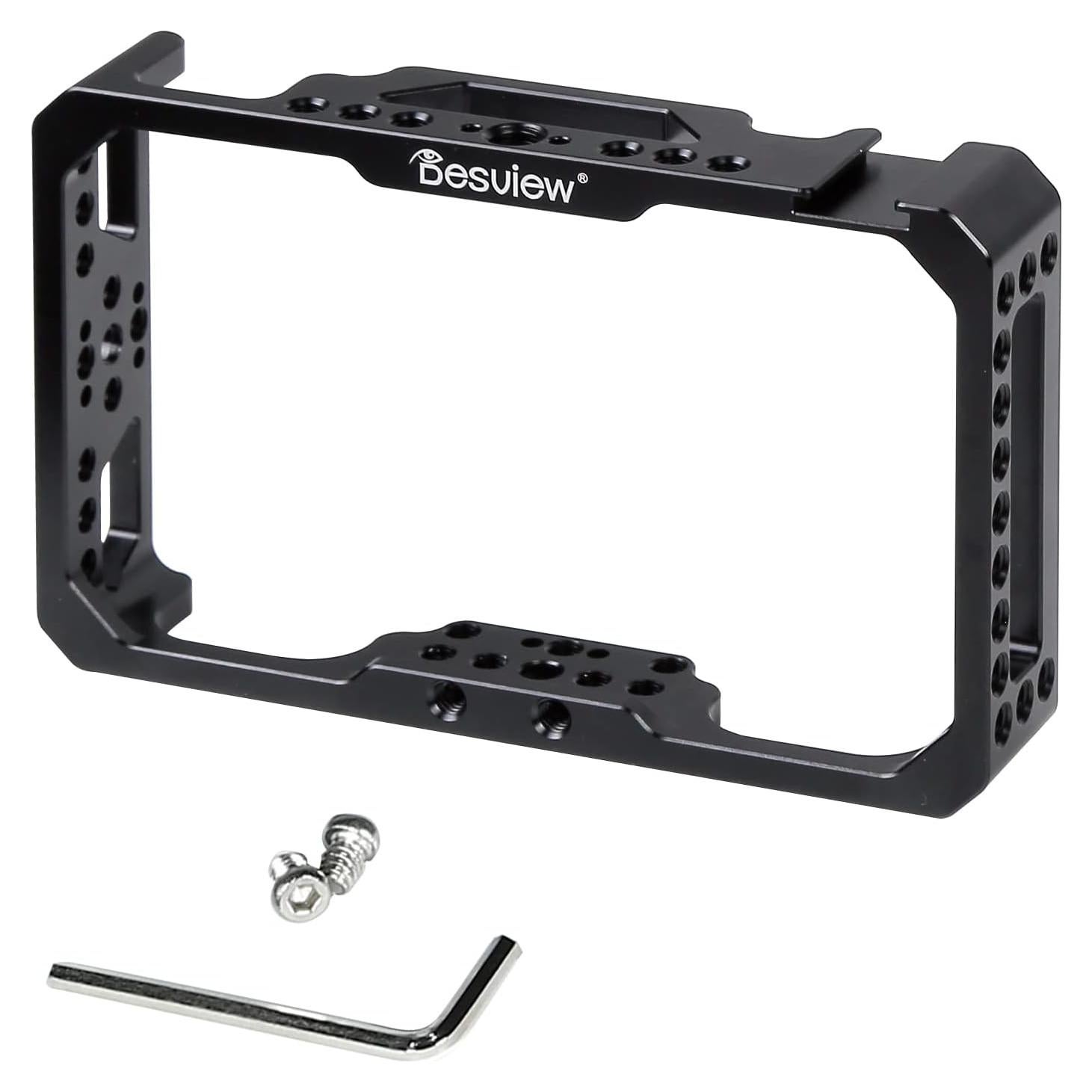 Desview Camera Monitor Cage 5.5 inch, Aluminum Alloy Field Monitor Cage with 1/4’’ & 3/8’’ Thread and Cold Shoe, Compatible with R6 Camera Monitor