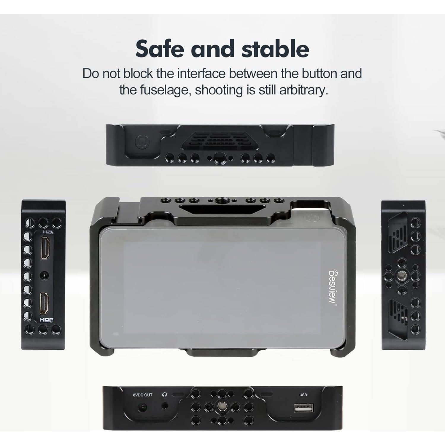 Desview Camera Monitor Cage 5.5 inch, Aluminum Alloy Field Monitor Cage with 1/4’’ & 3/8’’ Thread and Cold Shoe, Compatible with R6 Camera Monitor