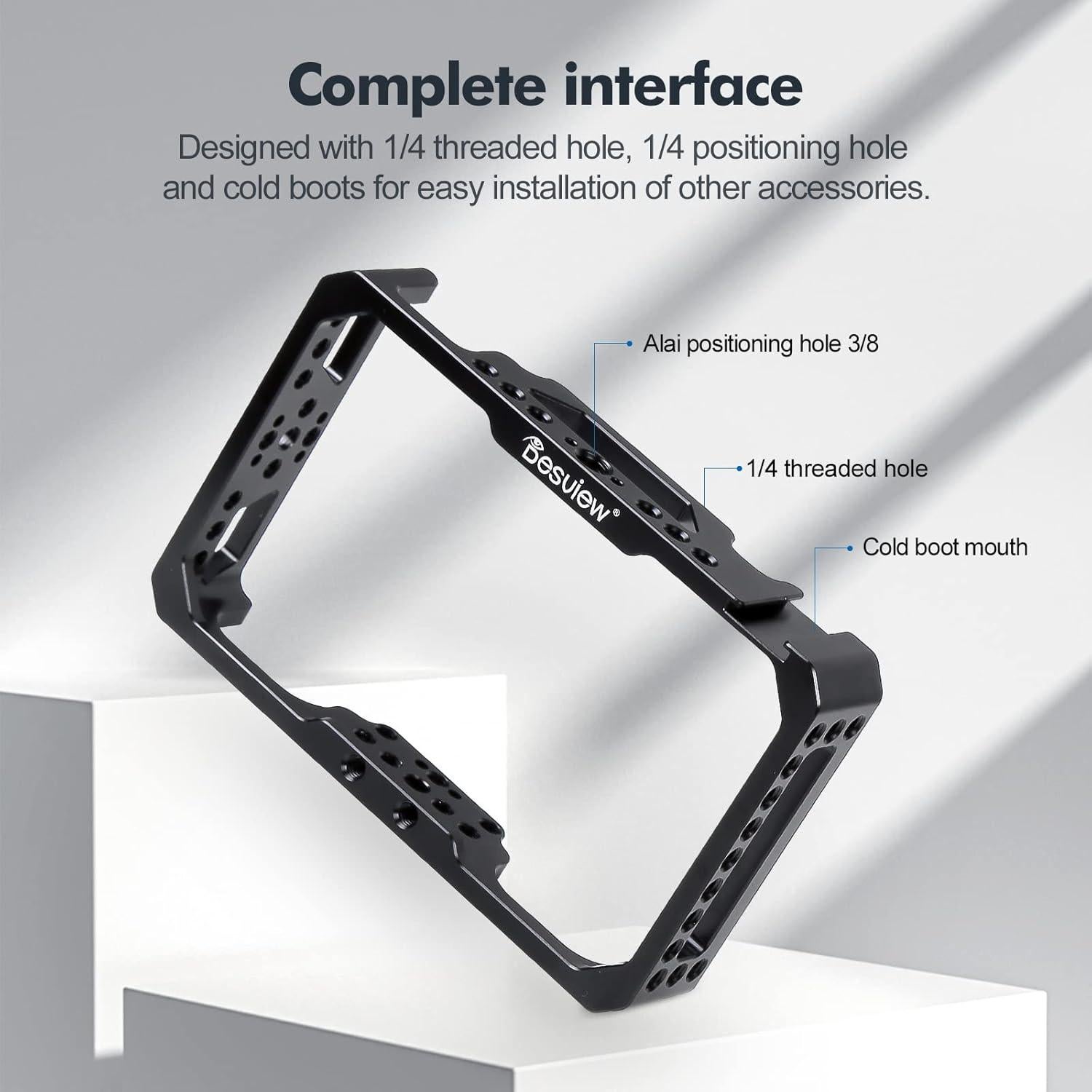 Desview Camera Monitor Cage 5.5 inch, Aluminum Alloy Field Monitor Cage with 1/4’’ & 3/8’’ Thread and Cold Shoe, Compatible with R6 Camera Monitor