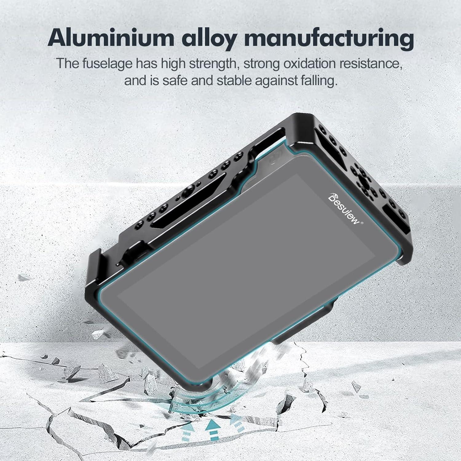 Desview Camera Monitor Cage 5.5 inch, Aluminum Alloy Field Monitor Cage with 1/4’’ & 3/8’’ Thread and Cold Shoe, Compatible with R6 Camera Monitor