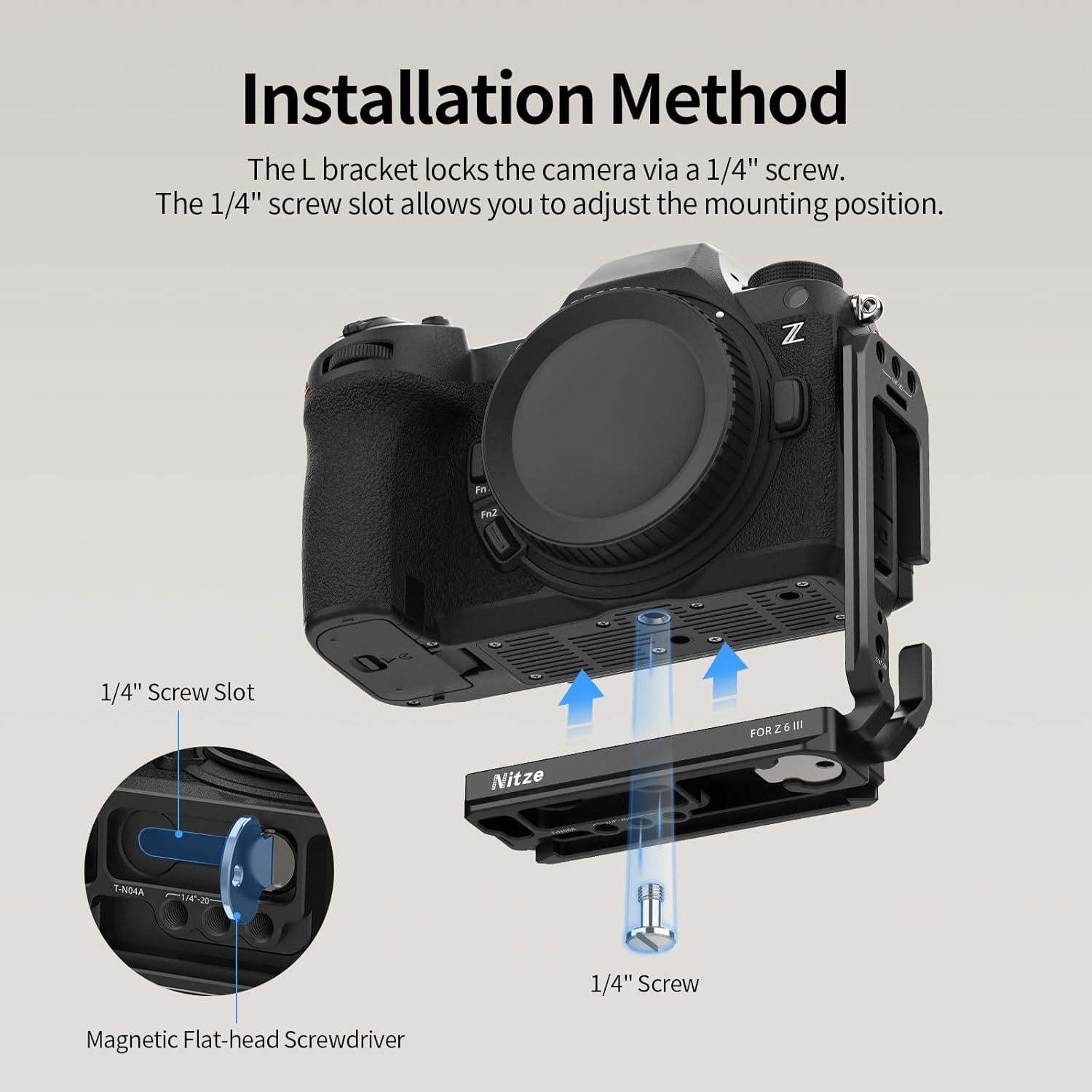 Soporte en L Nitze T-N04A para cámara Nikon Z6 III con placas Arca