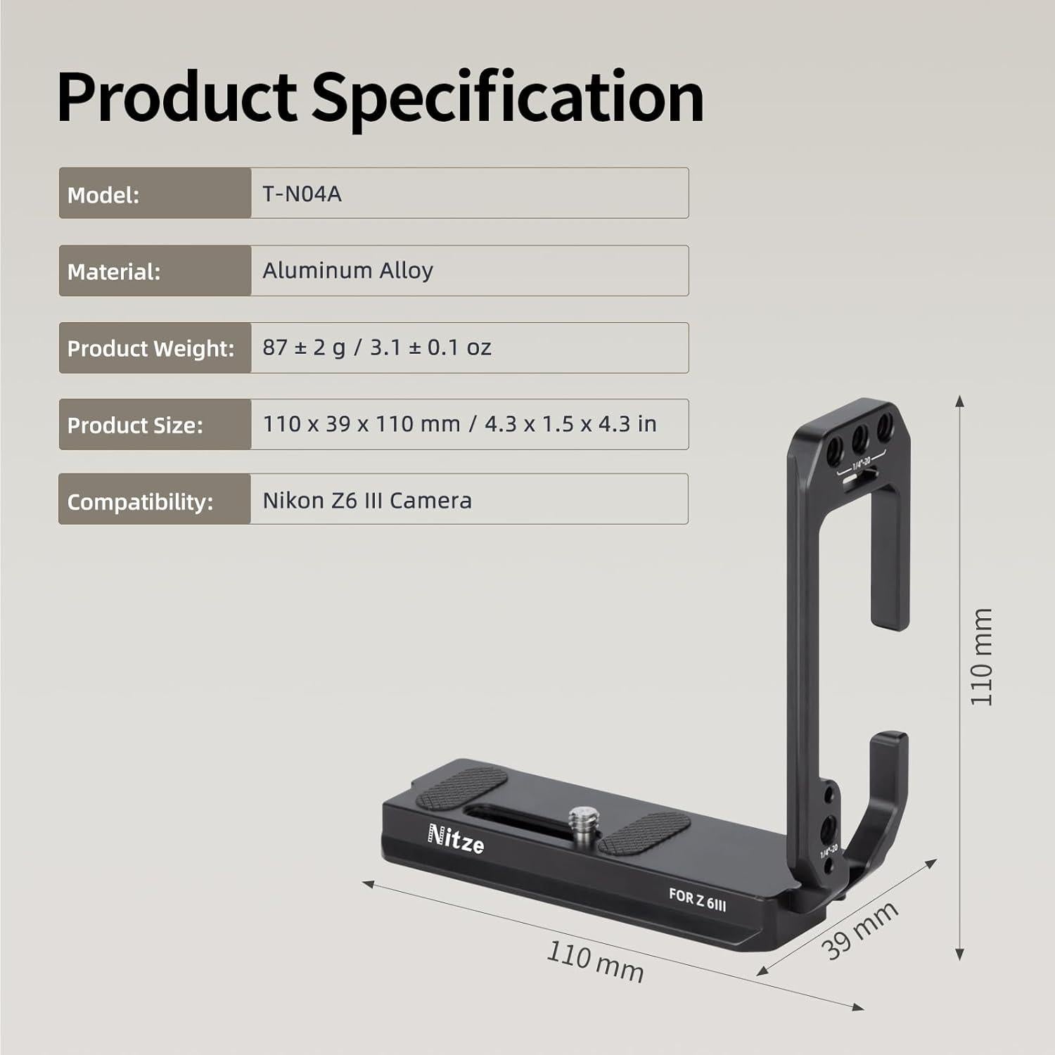 Soporte en L Nitze T-N04A para cámara Nikon Z6 III con placas Arca